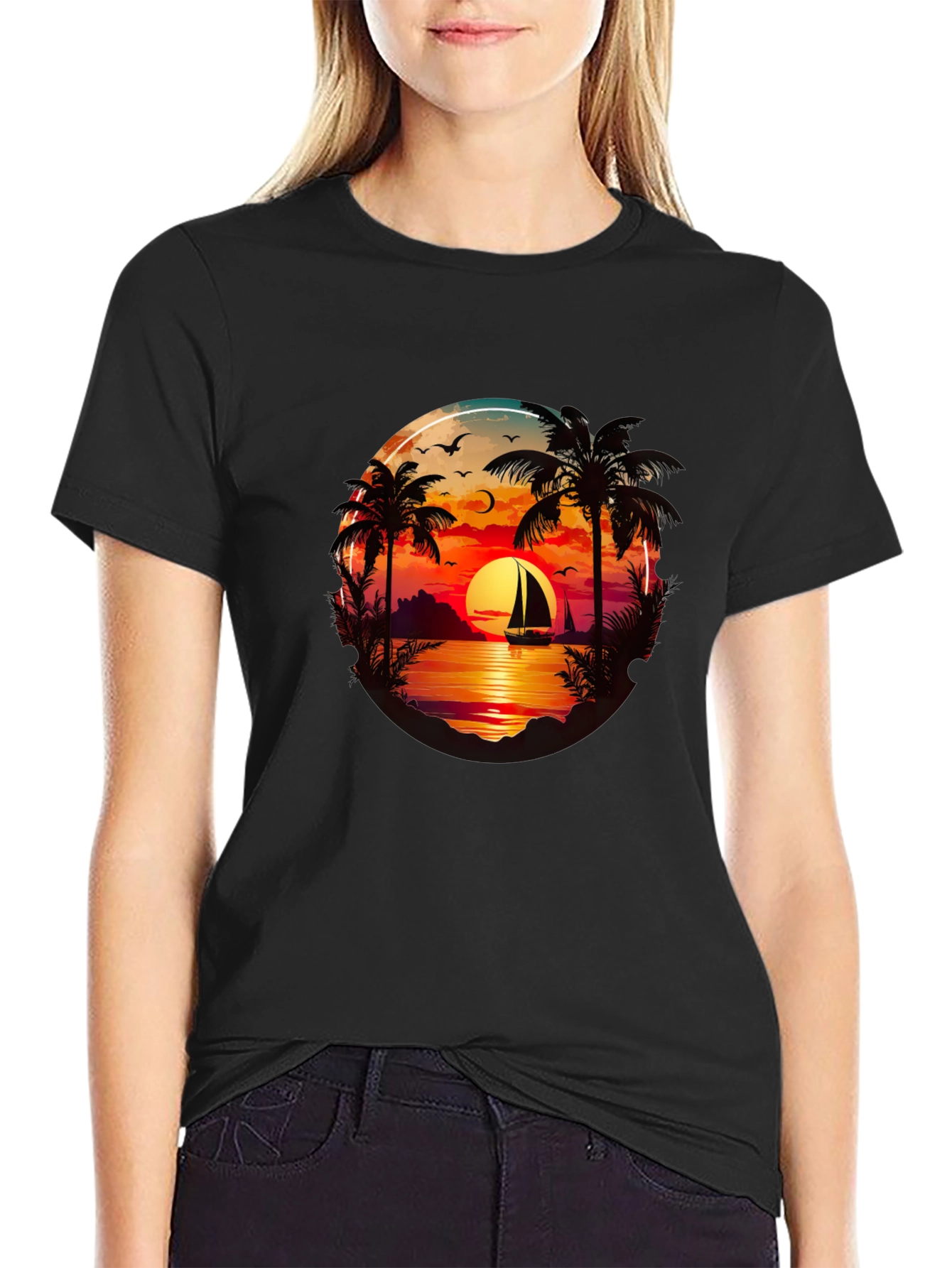 Sunset Sailboat Palm Tree Graphic Tee