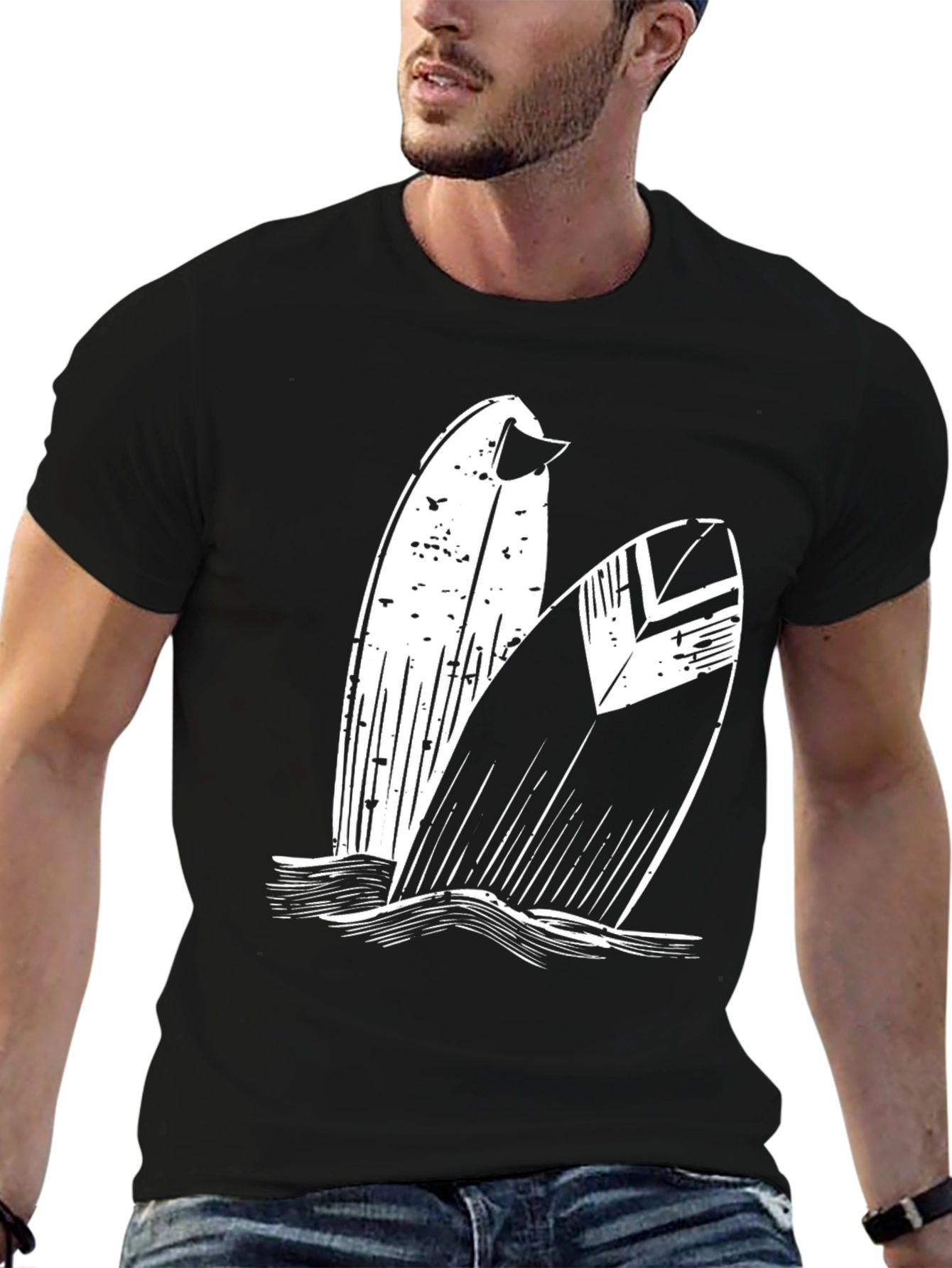 Surfboard Graphic Tee - Black Cotton T-Shirt