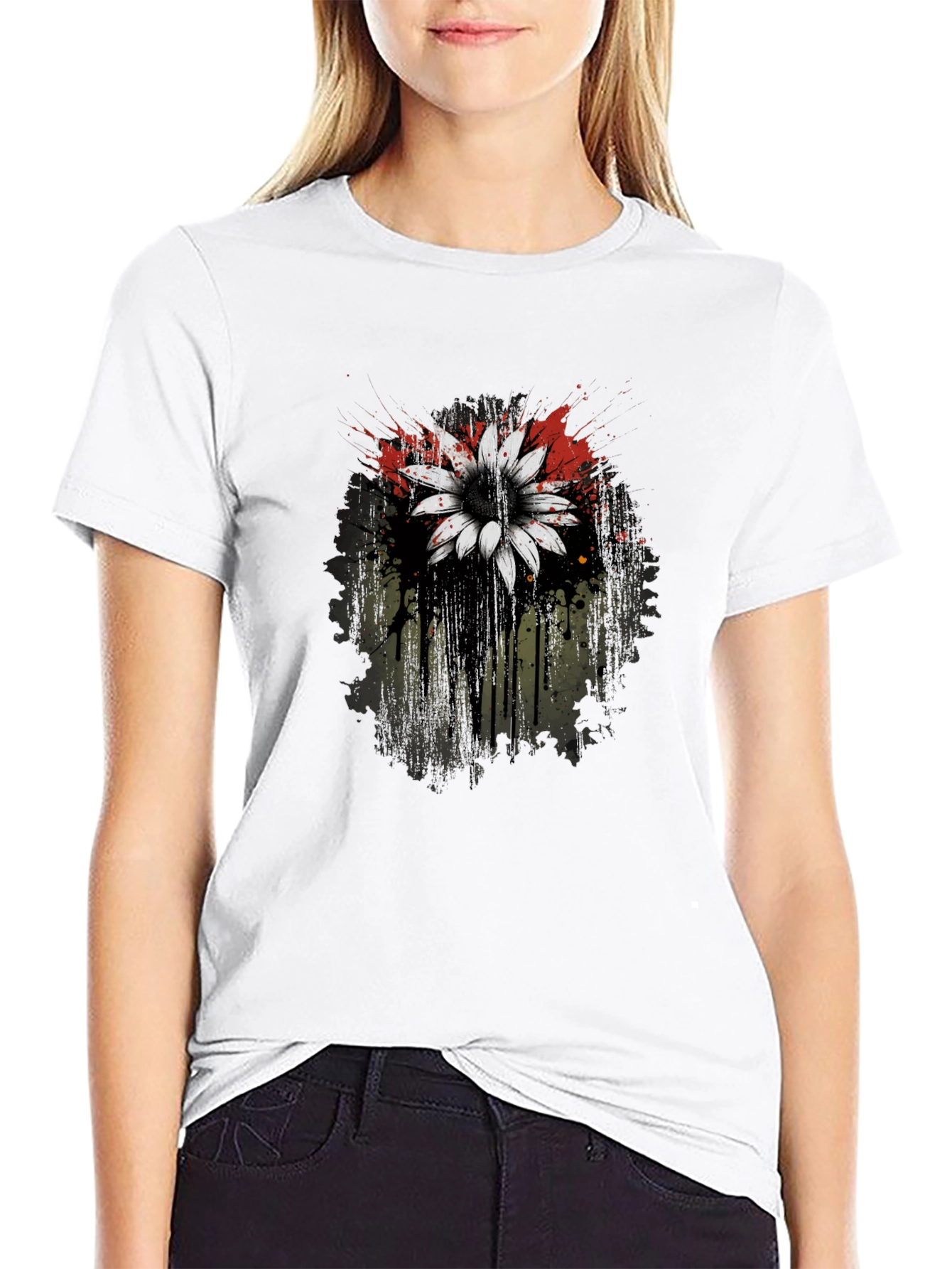 Black T-Shirt with Flower Graphic Print