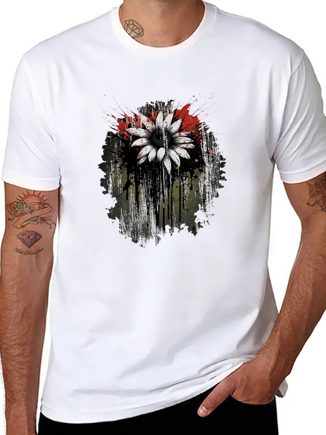 Black T-Shirt with Flower Graphic Print