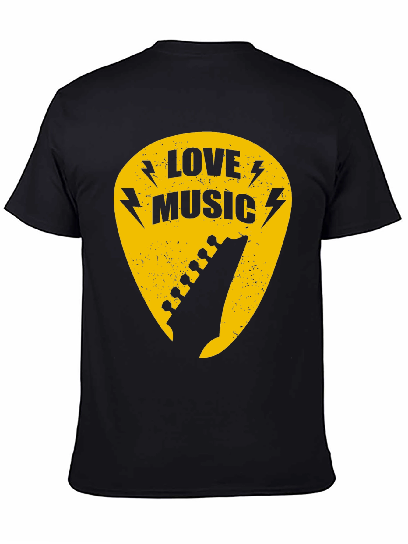 Love Music Black Graphic T-Shirt - Guitar Pick Design