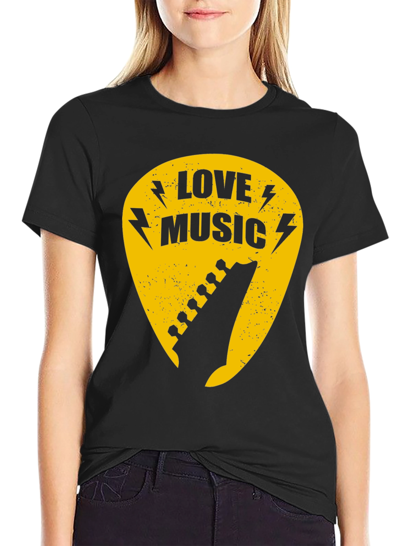 Love Music Black Graphic T-Shirt - Guitar Pick Design