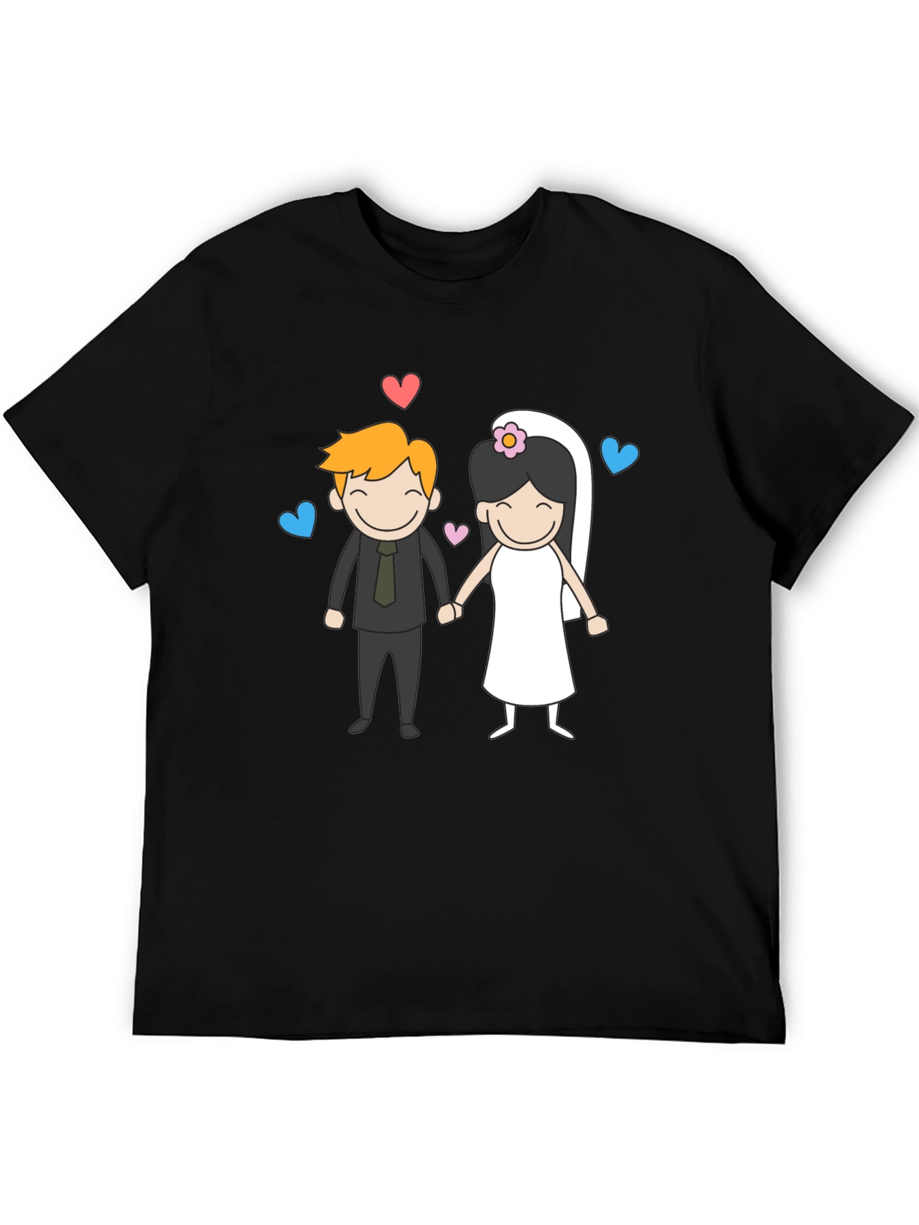 Cartoon Wedding Couple Graphic Tee - Black