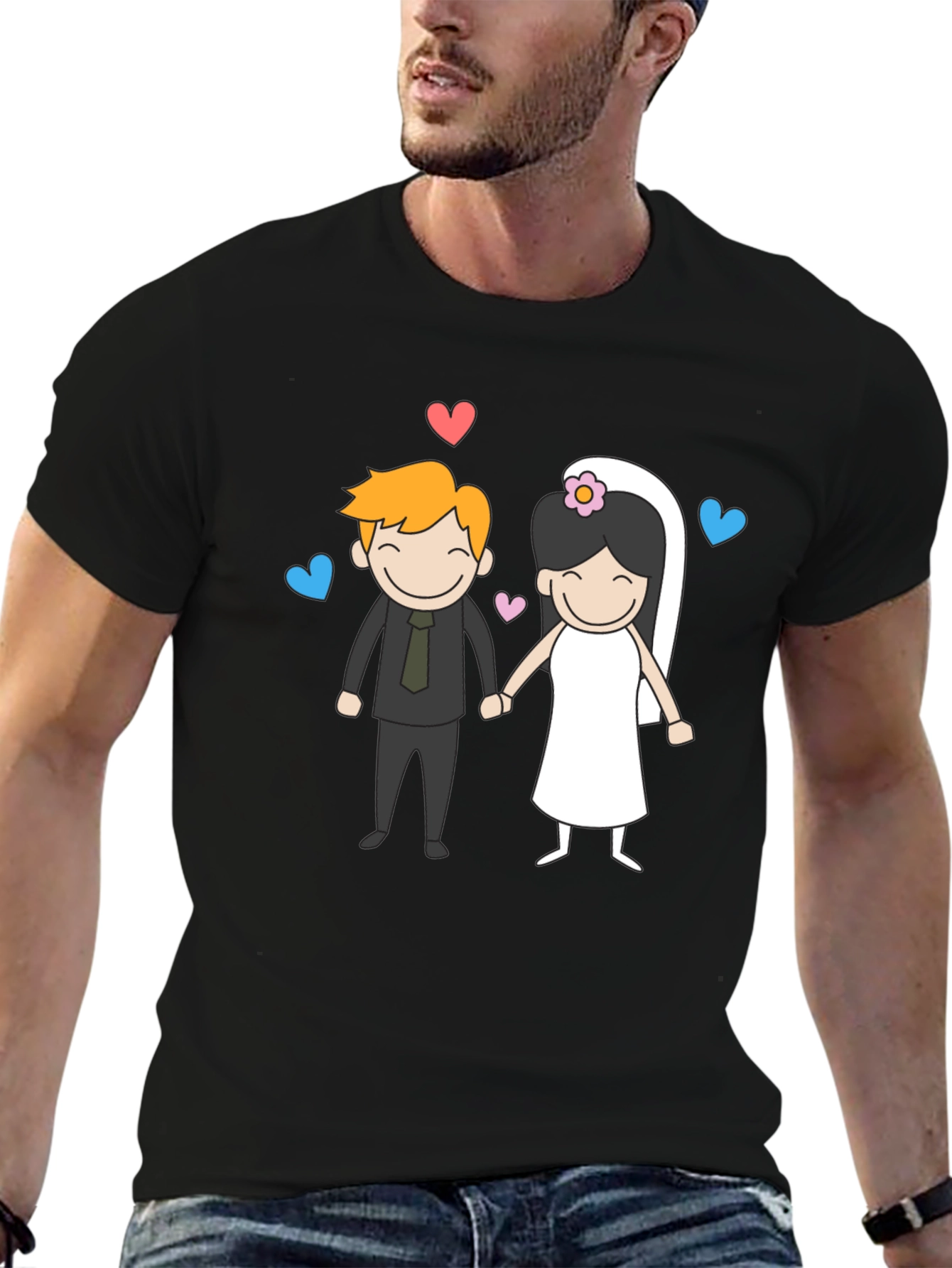 Cartoon Wedding Couple Graphic Tee - Black