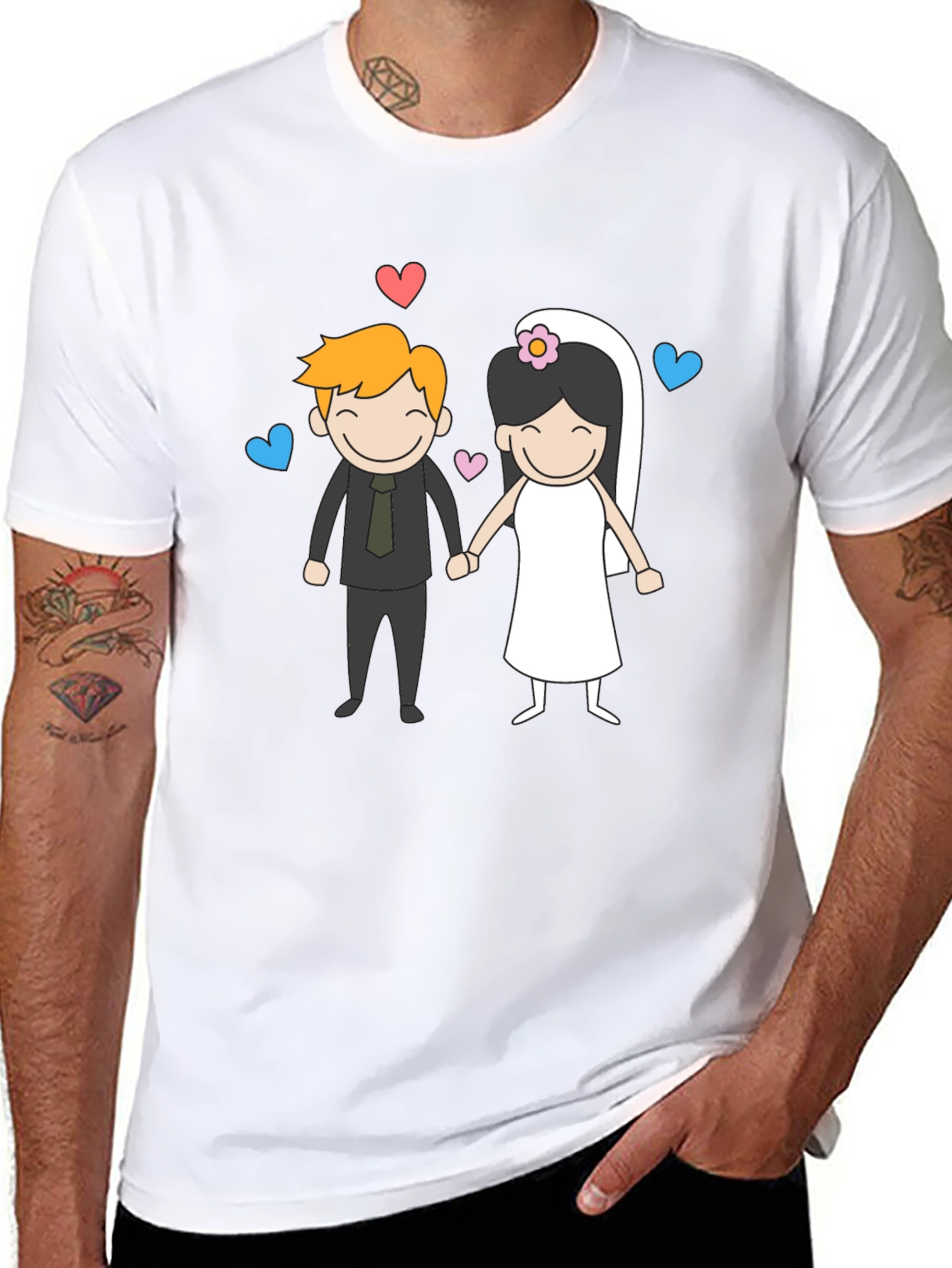 Cartoon Wedding Couple Graphic Tee - Black
