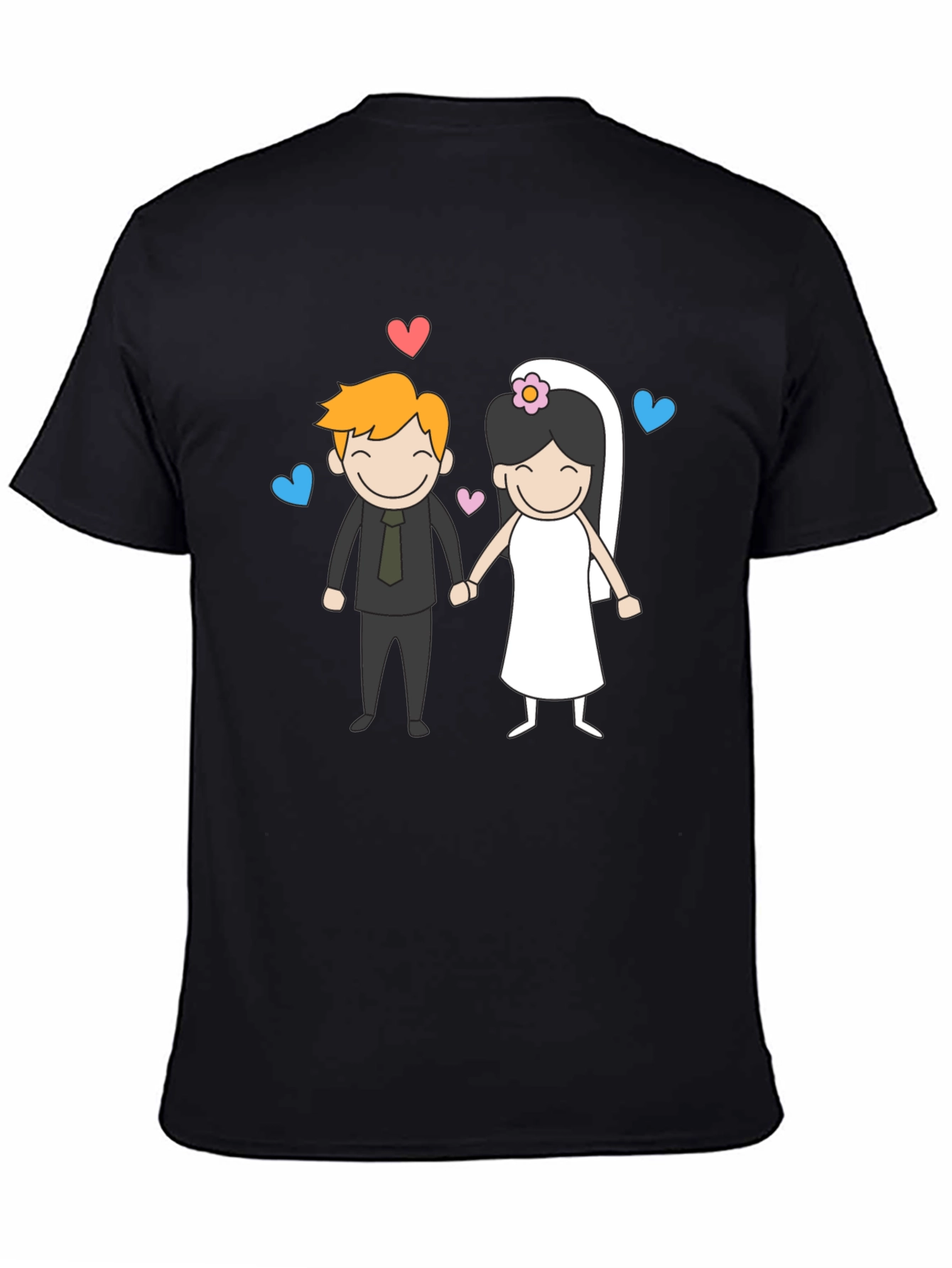 Cartoon Wedding Couple Graphic Tee - Black