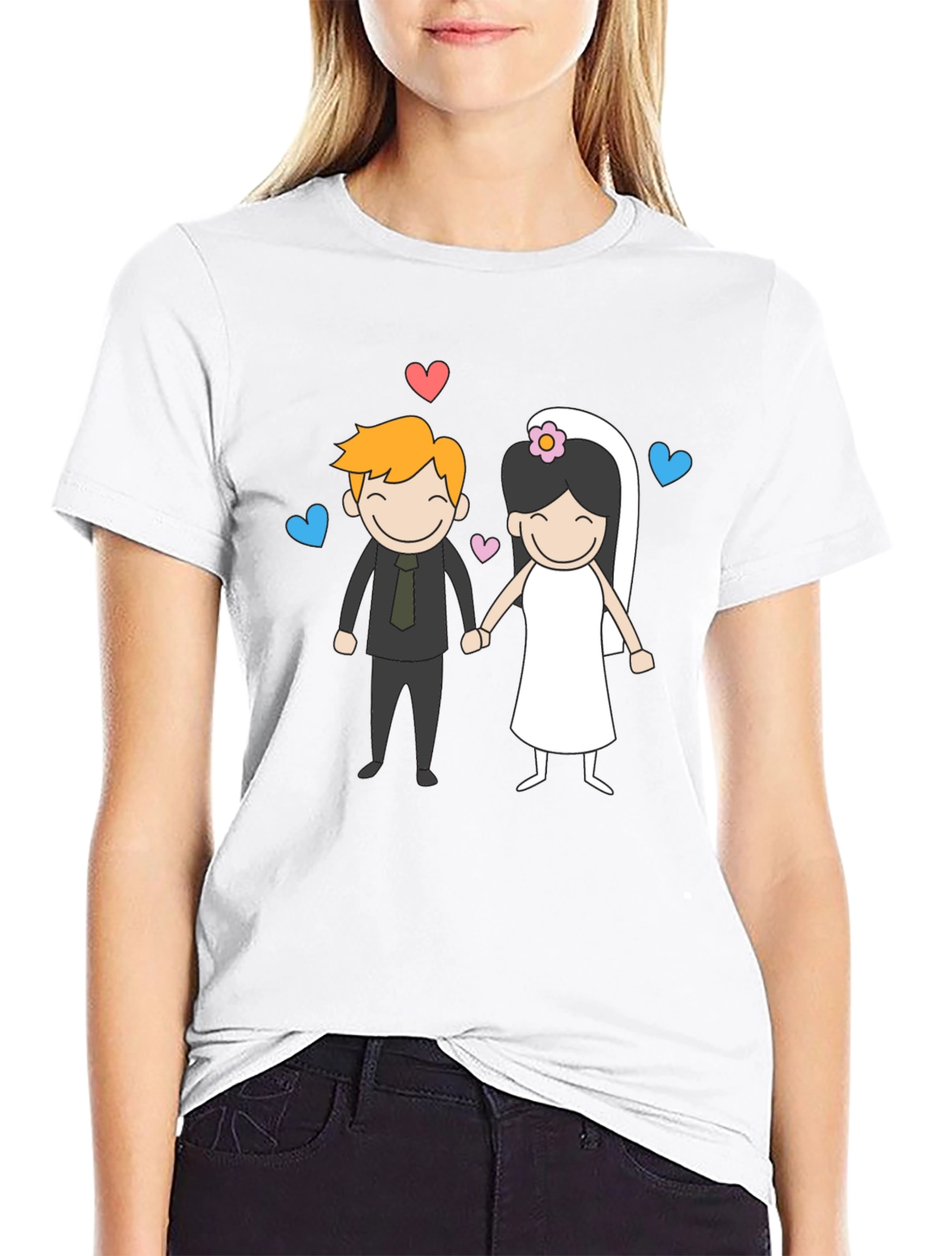Cartoon Wedding Couple Graphic Tee - Black