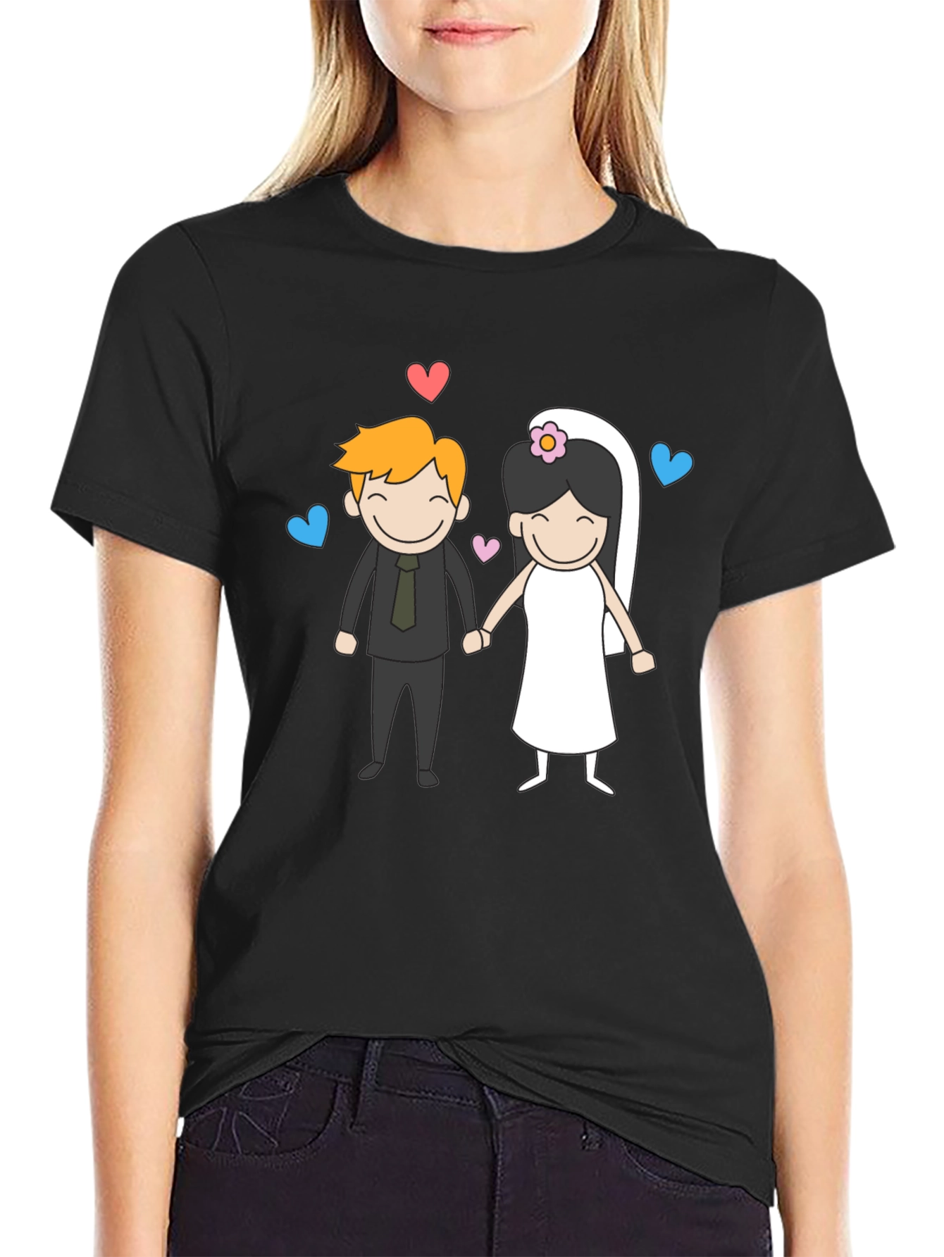 Cartoon Wedding Couple Graphic Tee - Black