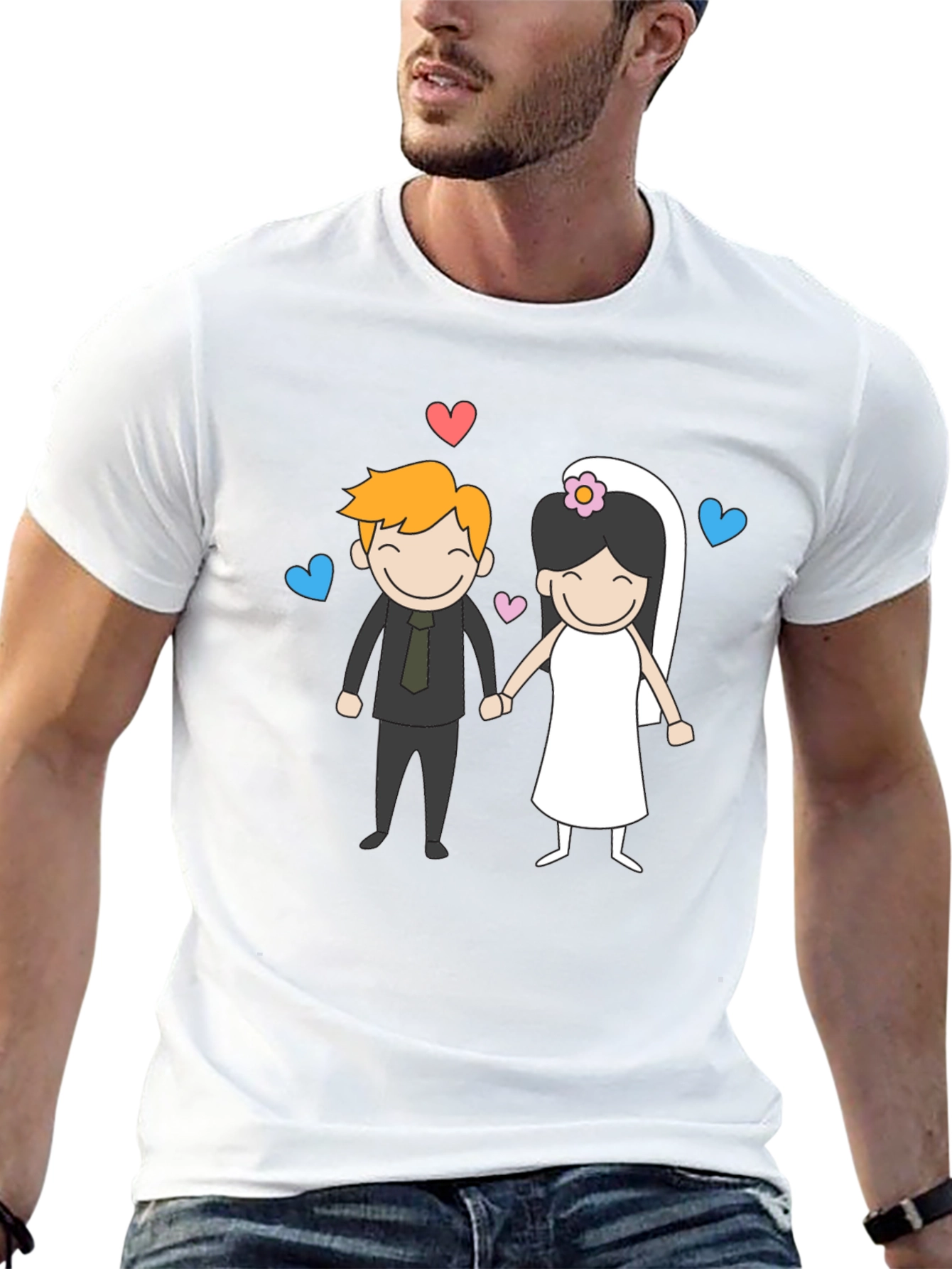 Cartoon Wedding Couple Graphic Tee - Black