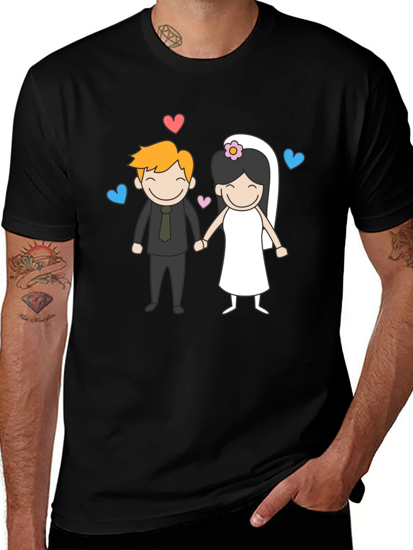 Cartoon Wedding Couple Graphic Tee - Black