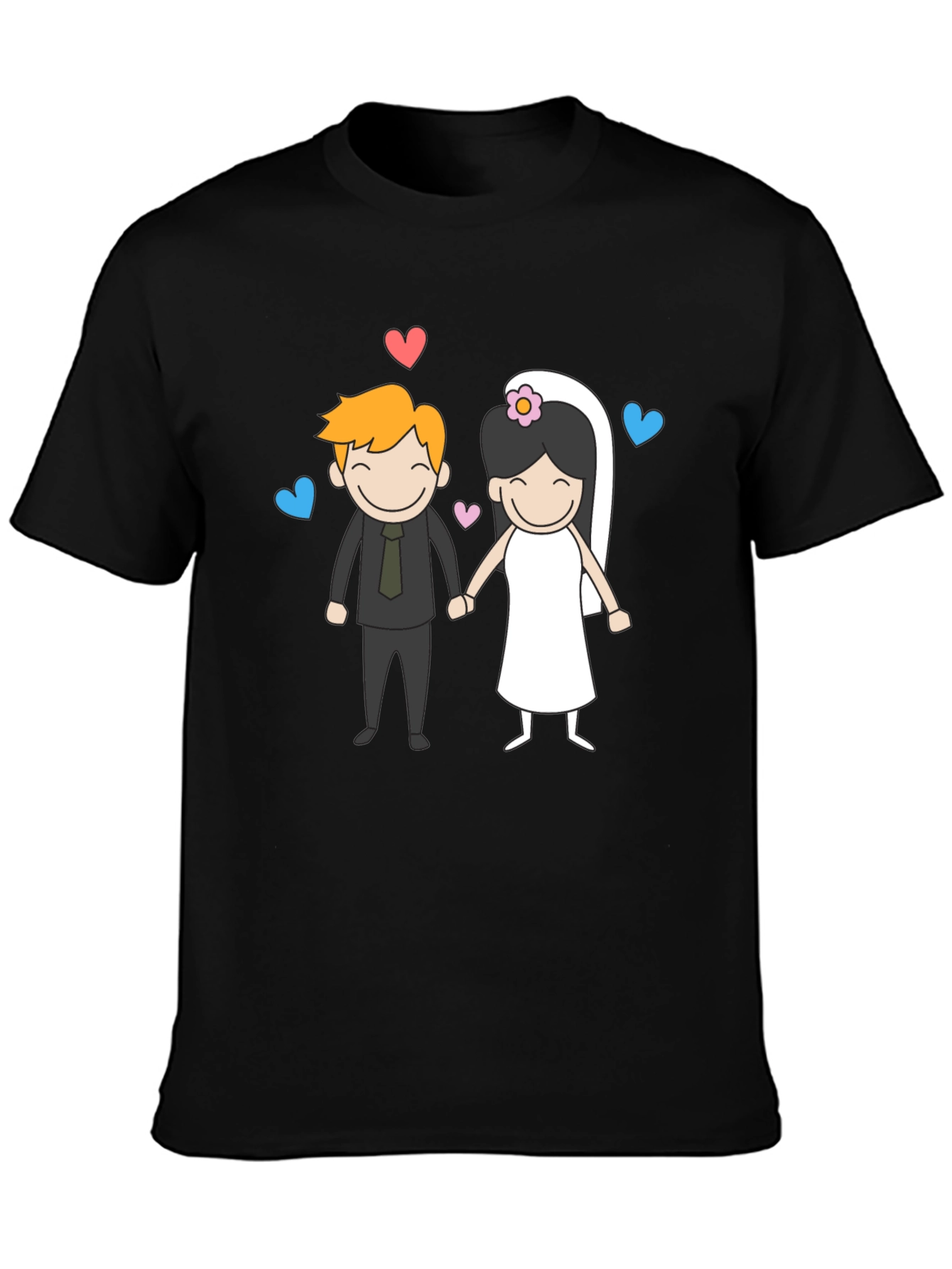 Cartoon Wedding Couple Graphic Tee - Black