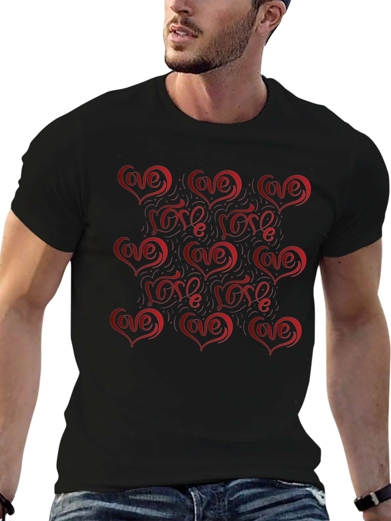 Love Heart Pattern Mens Black Tee