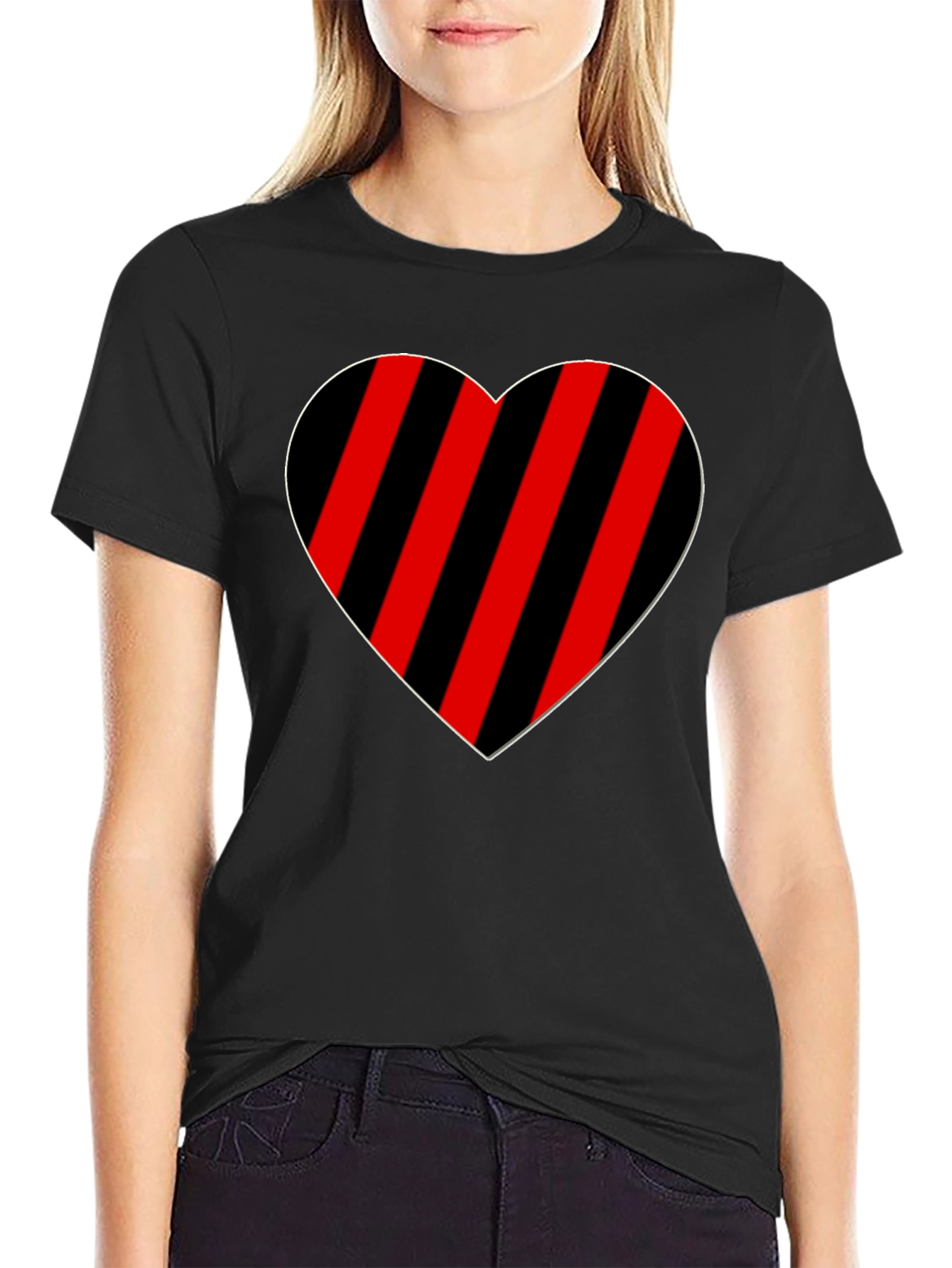 Striped Heart Graphic Tee - Casual Black T-Shirt