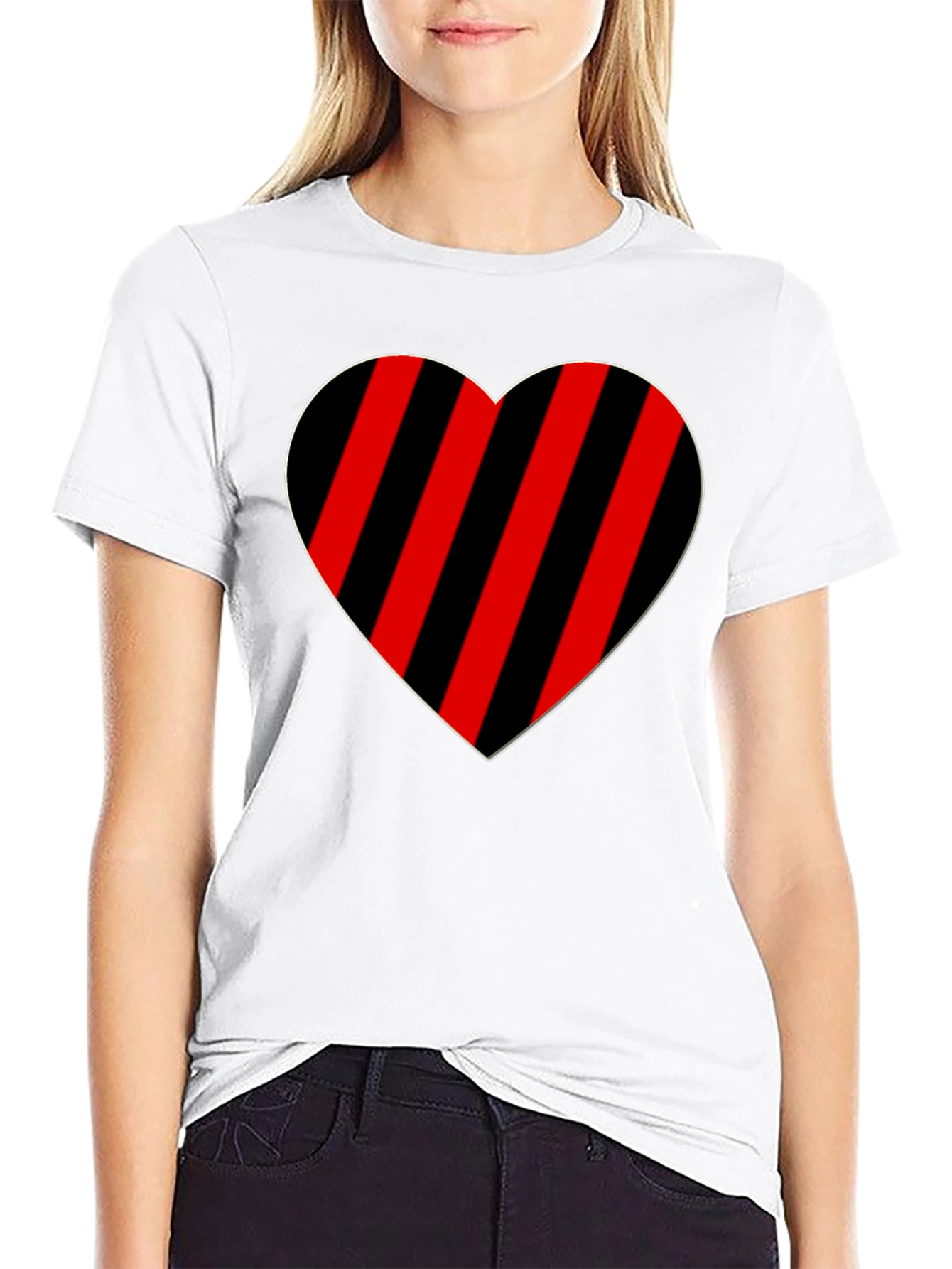 Striped Heart Graphic Tee - Casual Black T-Shirt