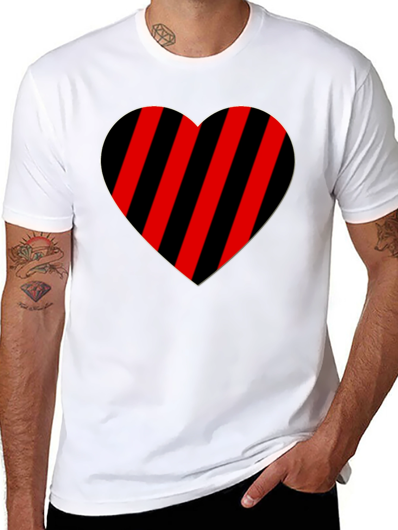 Striped Heart Graphic Tee - Casual Black T-Shirt