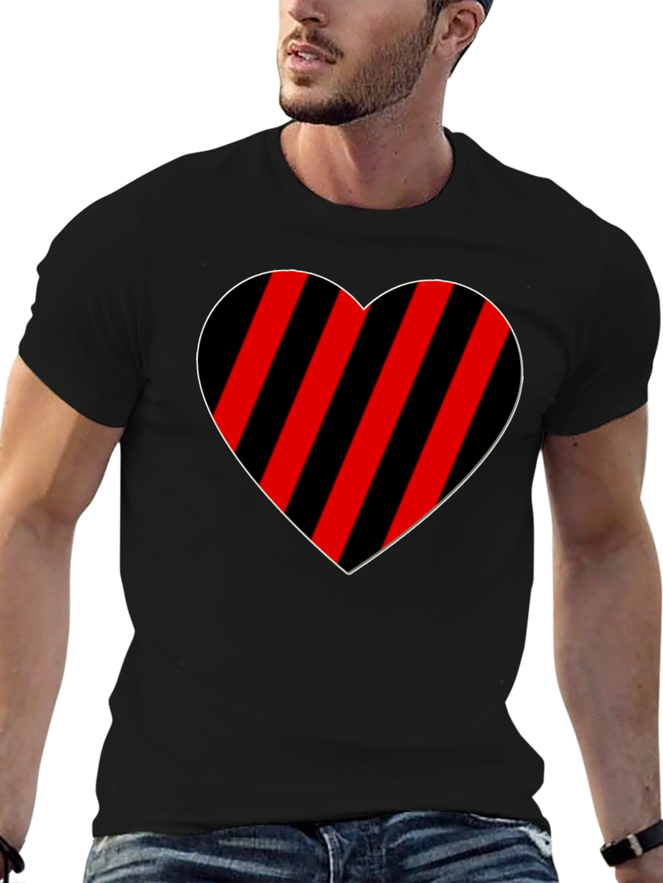 Striped Heart Graphic Tee - Casual Black T-Shirt