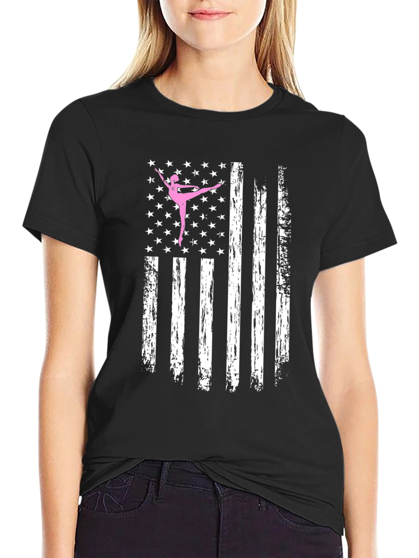 Ballet Dancer American Flag Black T-Shirt