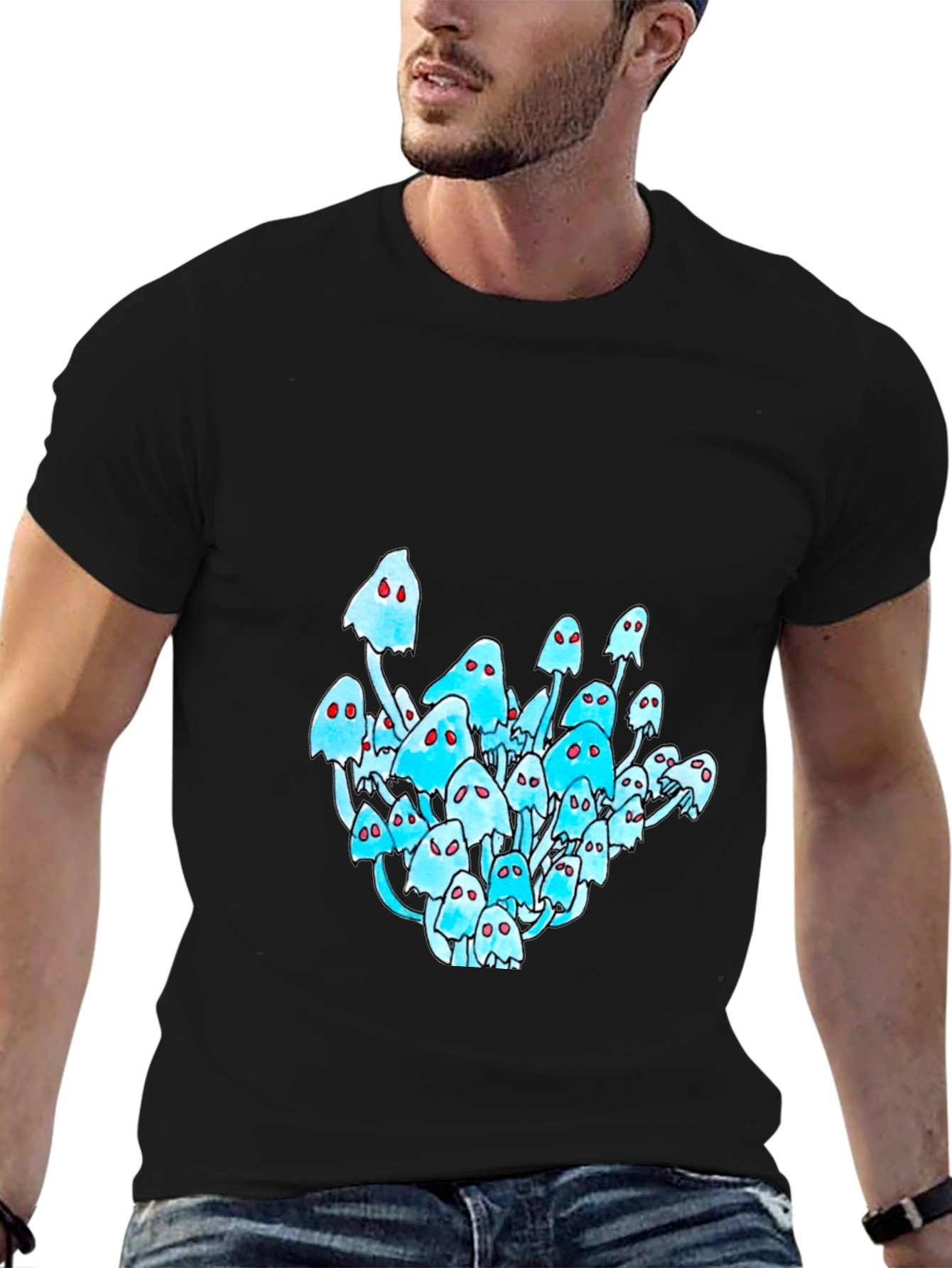 Black T-Shirt with Mushroom Ghost Graphic