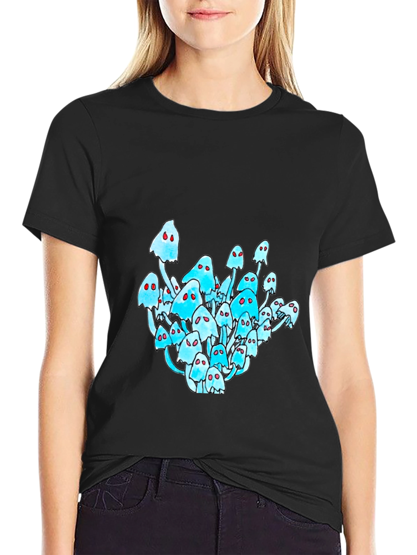 Black T-Shirt with Mushroom Ghost Graphic