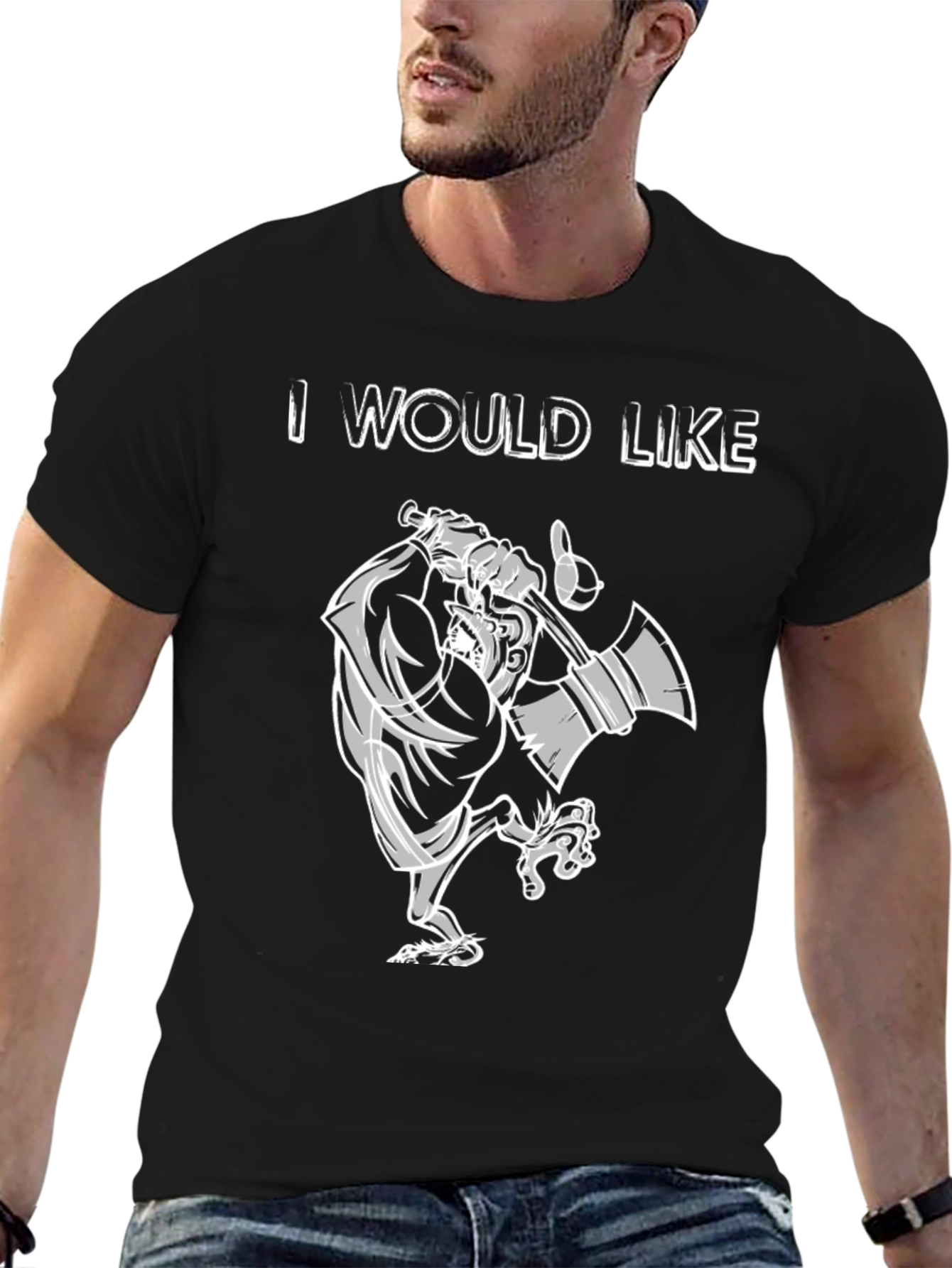 I Would Like T-Shirt - Cartoon Lumberjack Black Tee