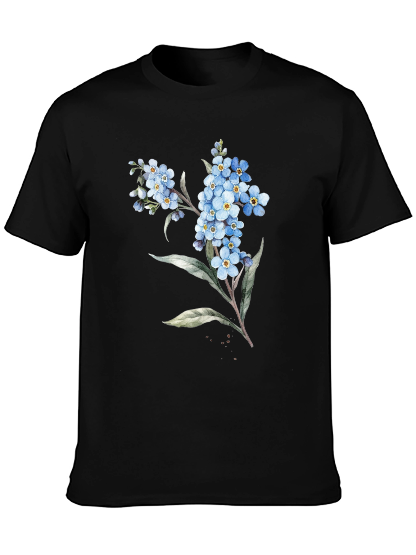 Floral Black T-Shirt - Forget-Me-Not Design