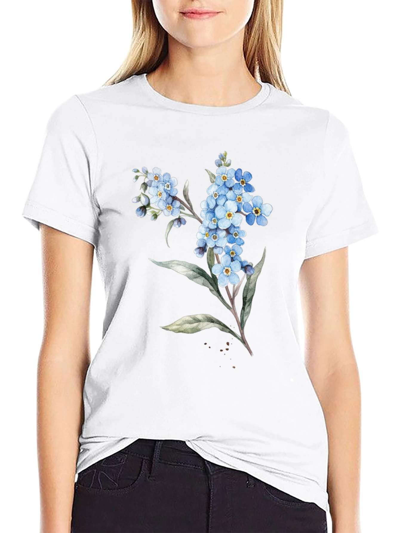 Floral Black T-Shirt - Forget-Me-Not Design