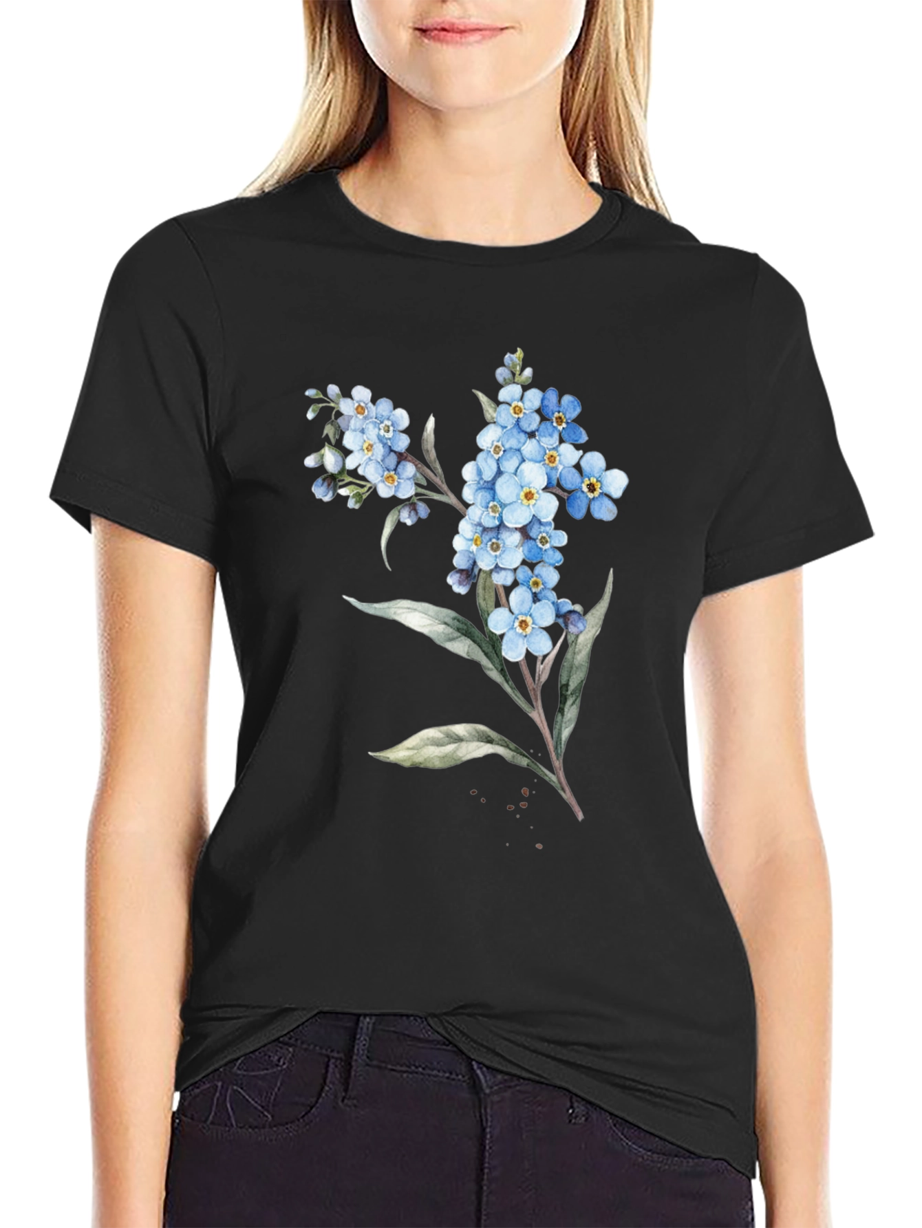 Floral Black T-Shirt - Forget-Me-Not Design
