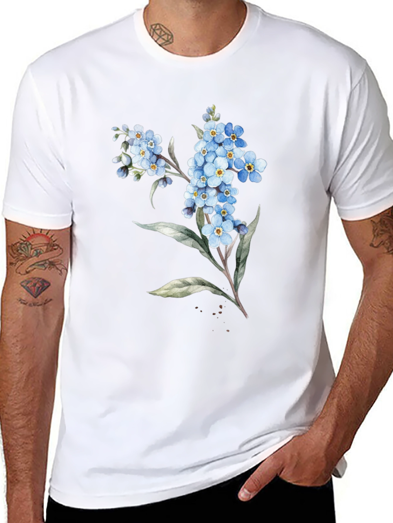 Floral Black T-Shirt - Forget-Me-Not Design