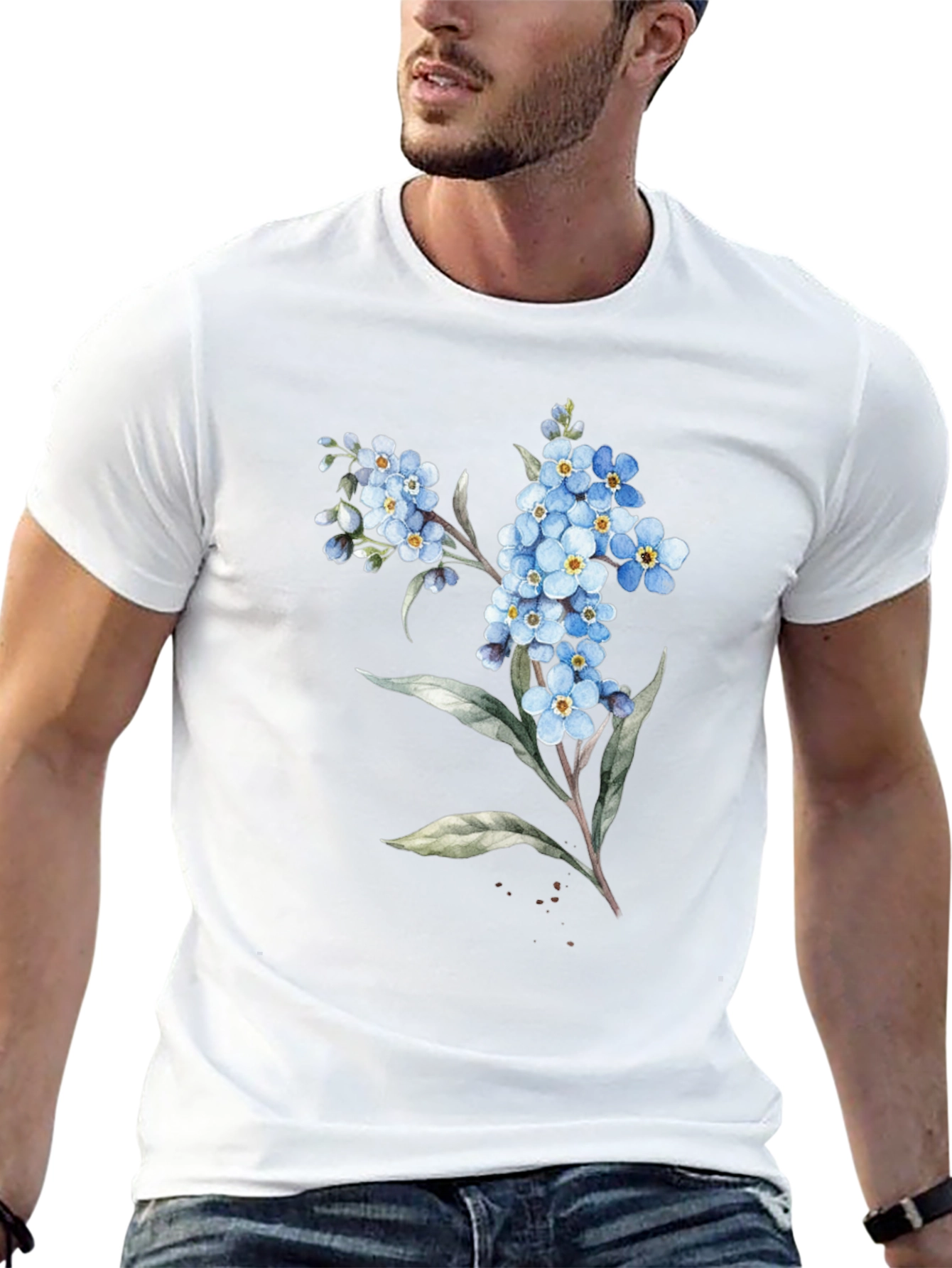 Floral Black T-Shirt - Forget-Me-Not Design