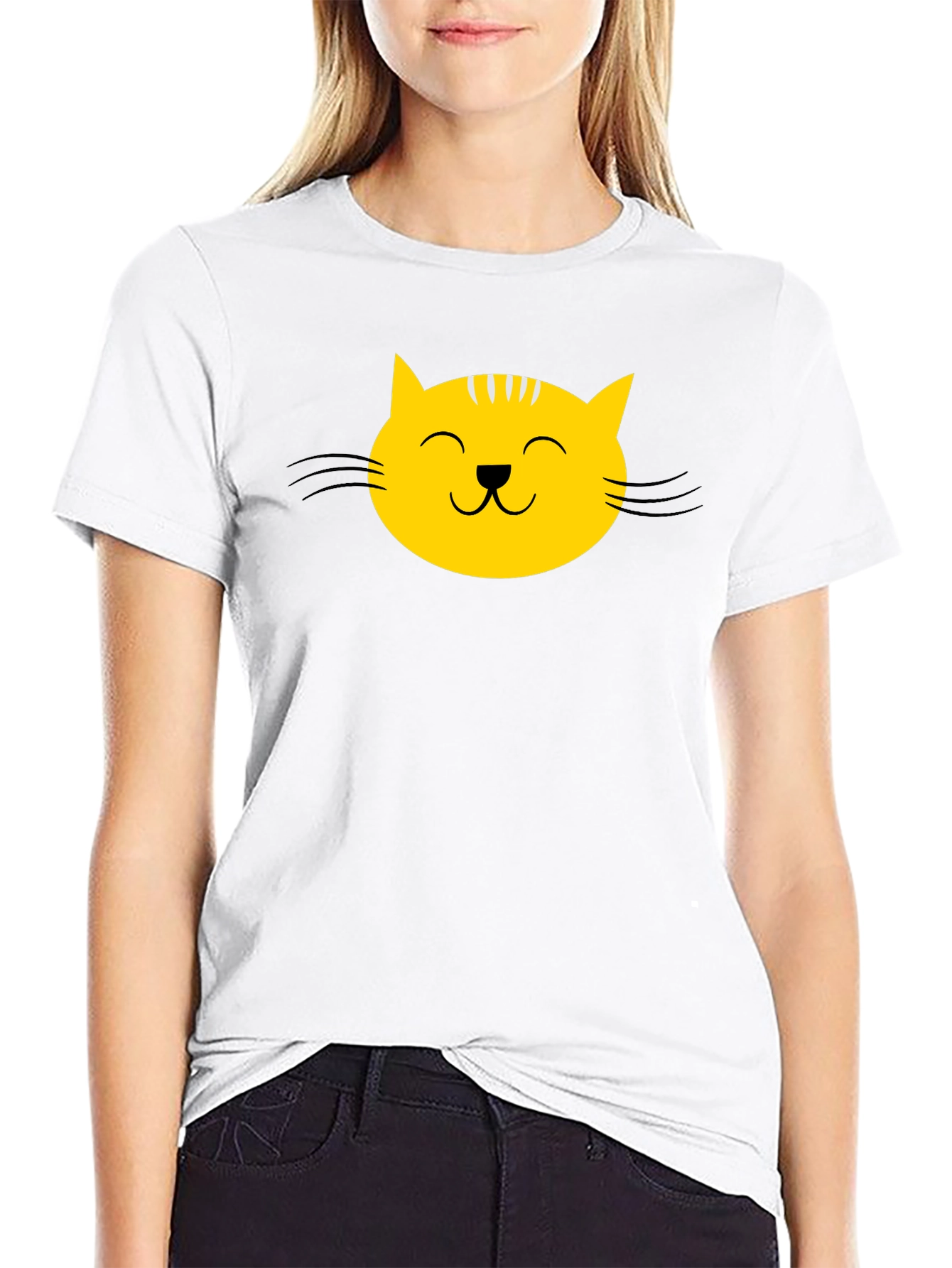 Black T-Shirt with Yellow Cat Face Graphic