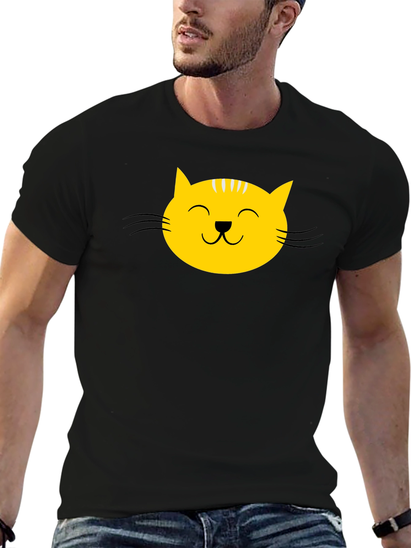 Black T-Shirt with Yellow Cat Face Graphic