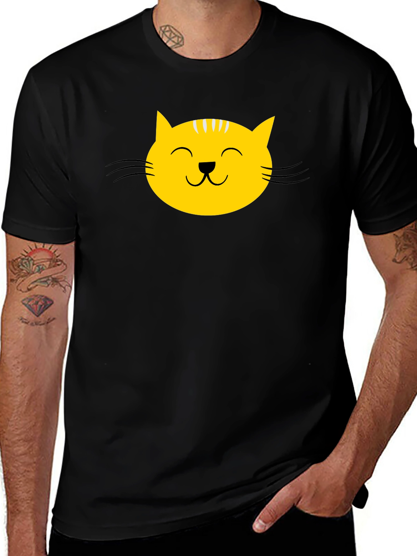 Black T-Shirt with Yellow Cat Face Graphic