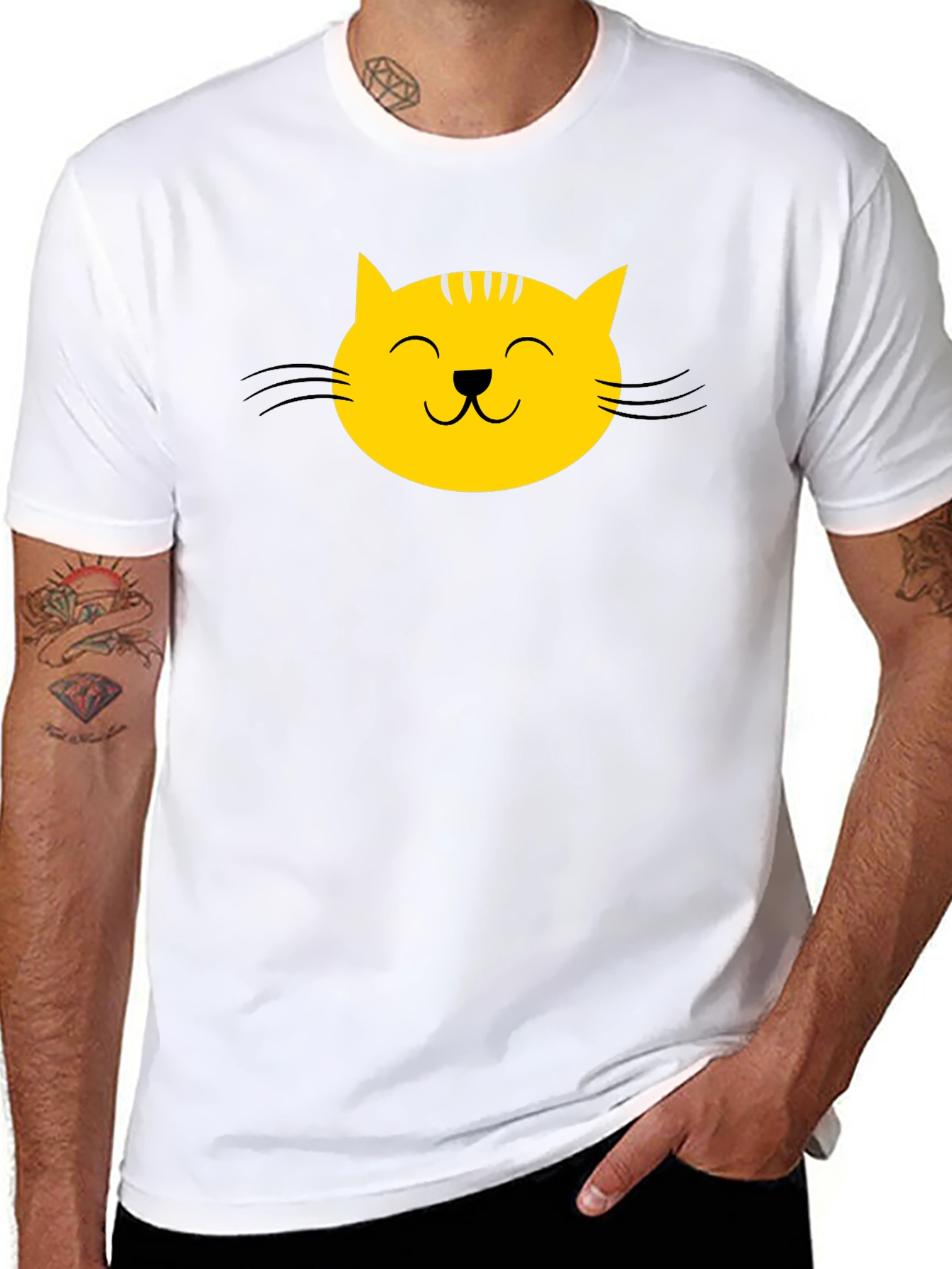 Black T-Shirt with Yellow Cat Face Graphic