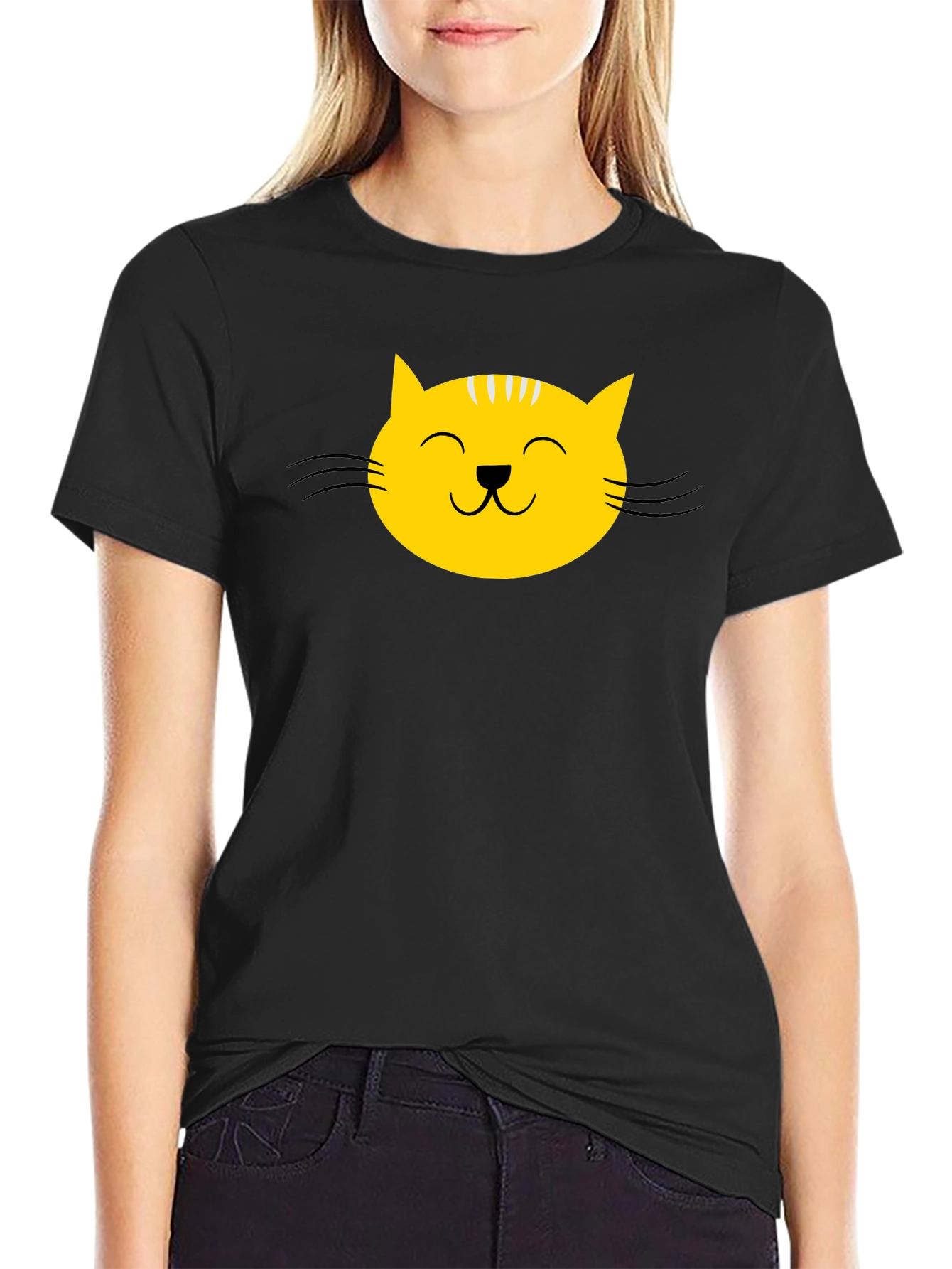 Black T-Shirt with Yellow Cat Face Graphic