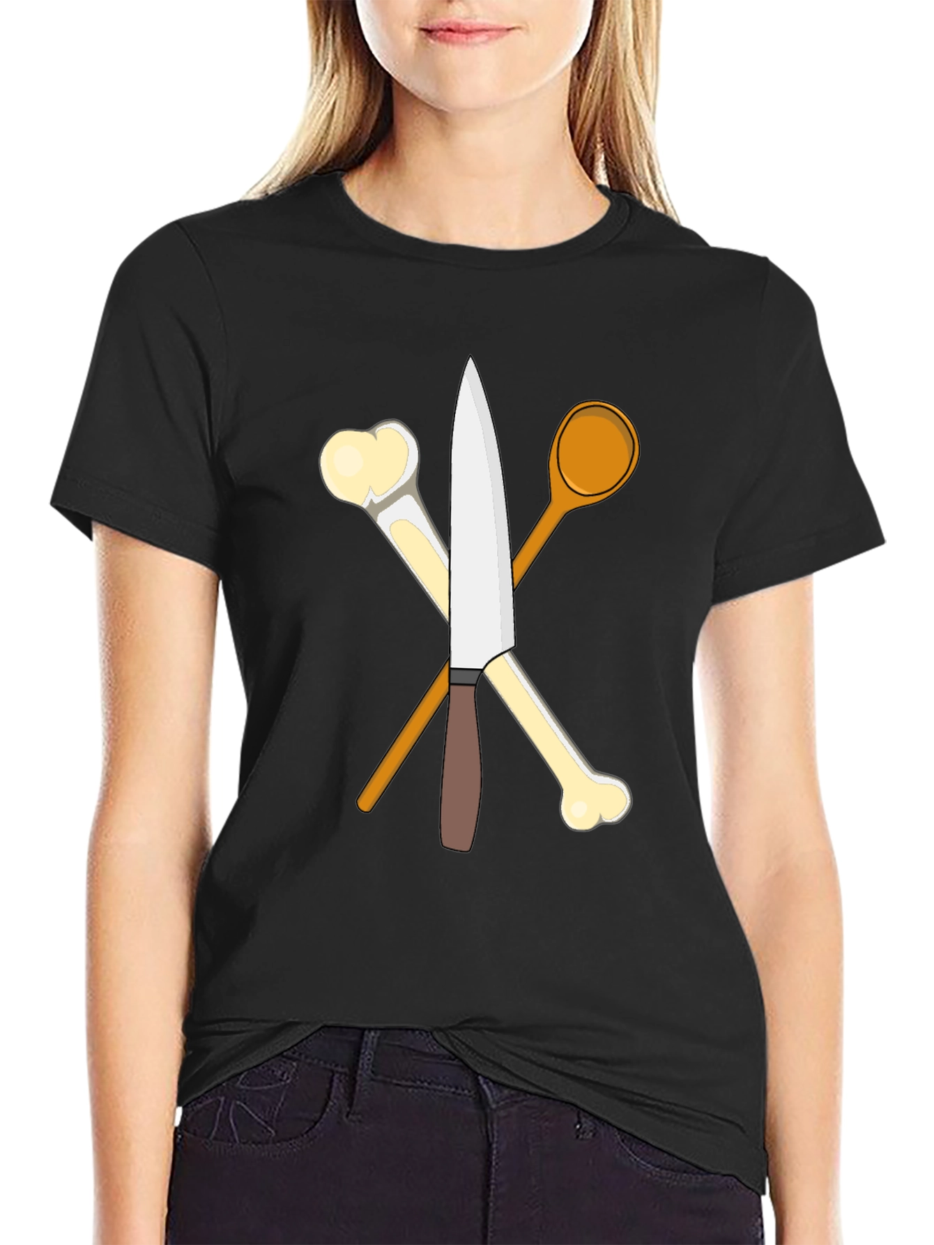 Chefs Knife Bones and Spoon Black T-Shirt