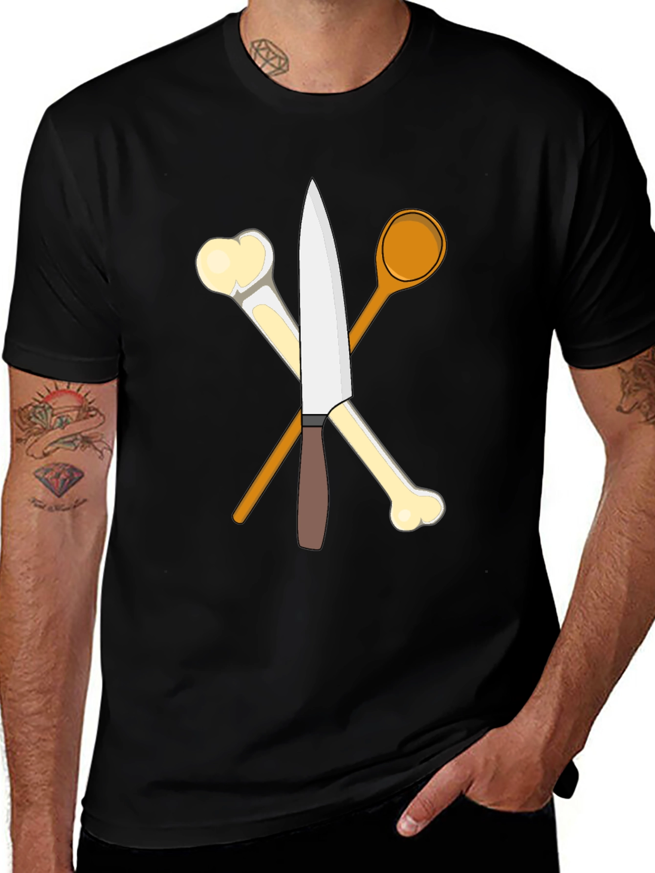Chefs Knife Bones and Spoon Black T-Shirt
