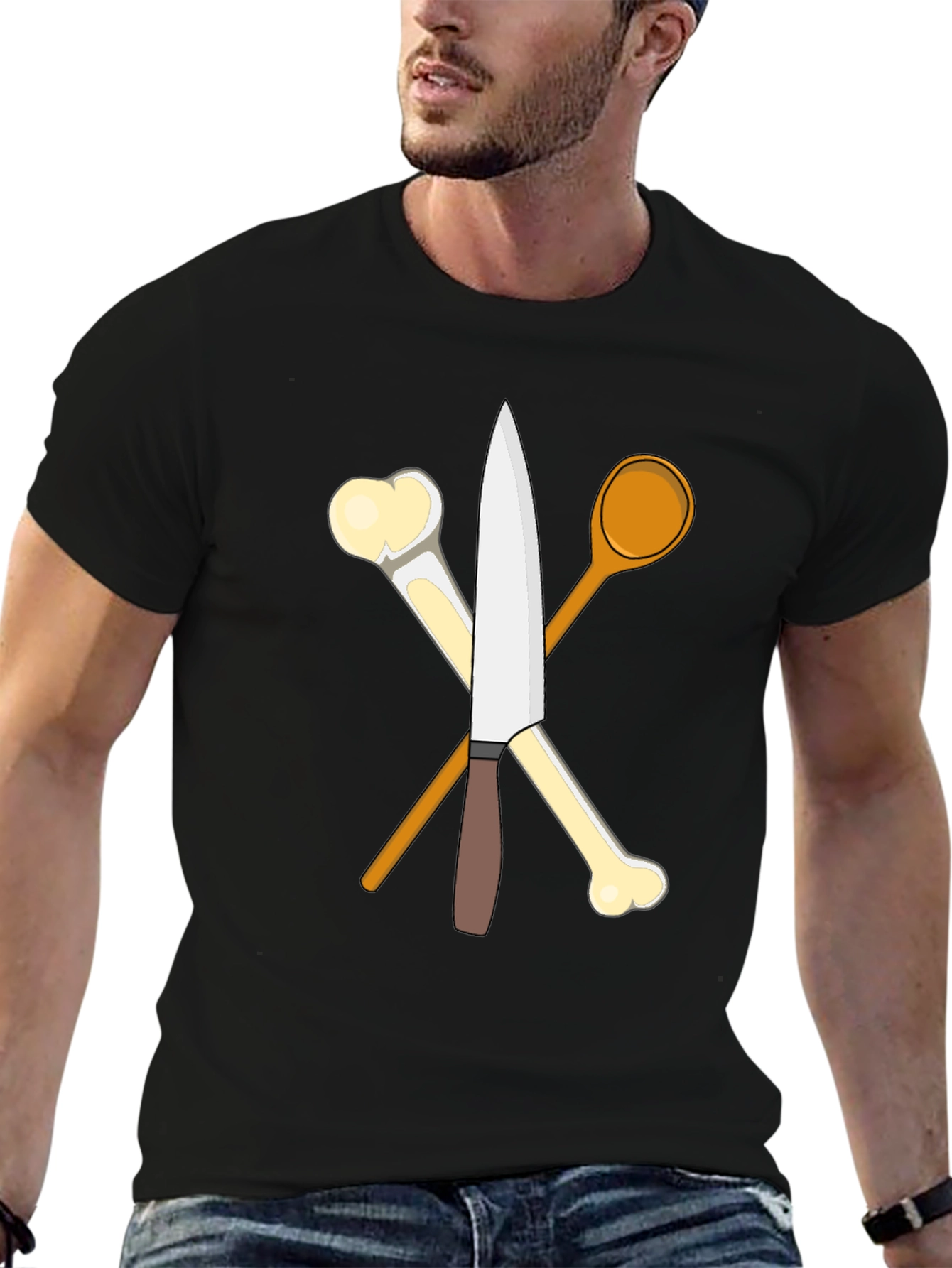 Chefs Knife Bones and Spoon Black T-Shirt