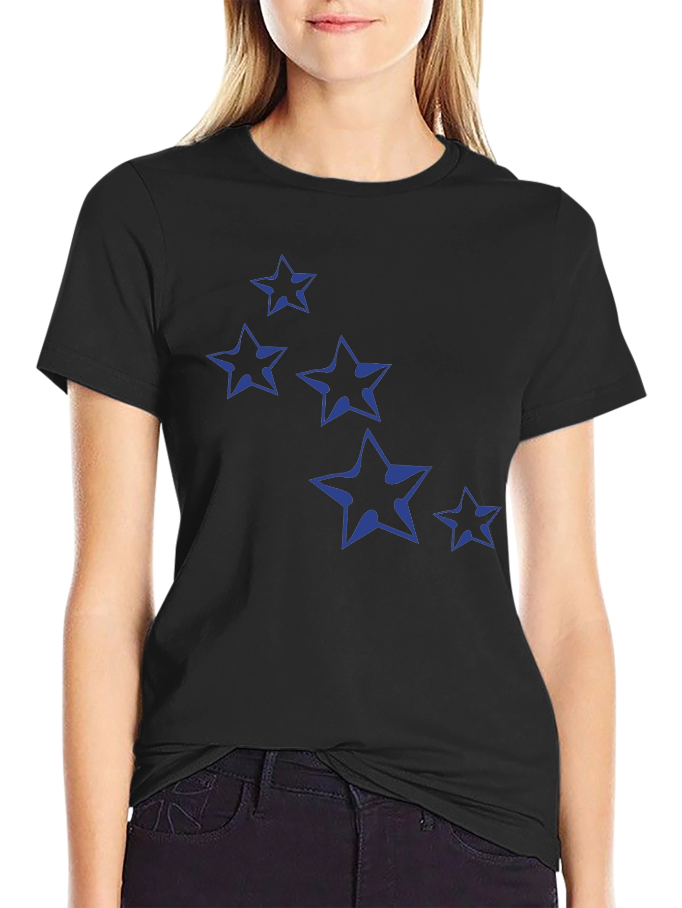 Navy Star Print Black Cotton T-Shirt