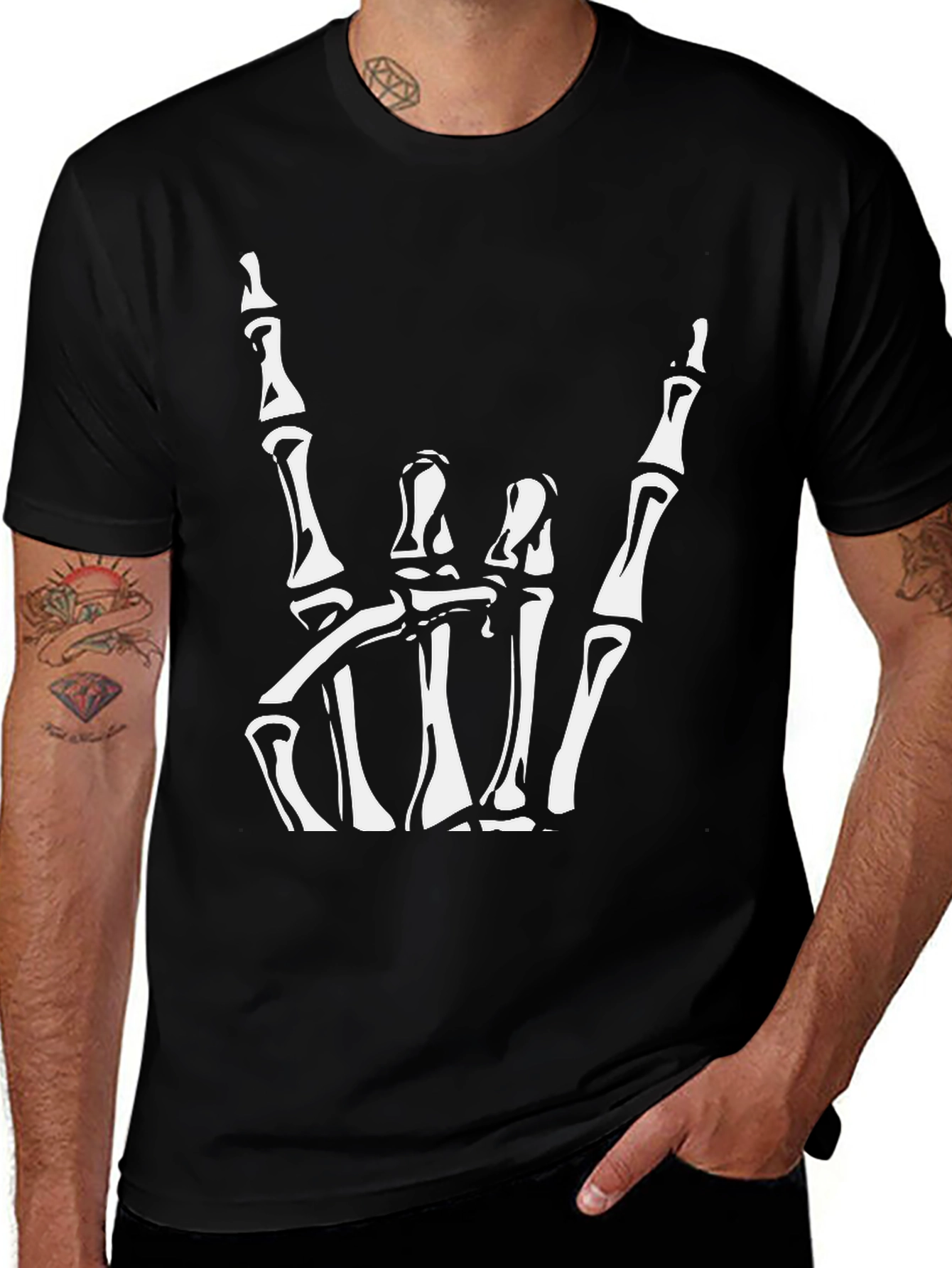 Skeleton Hand Rock On Graphic Tee - Black