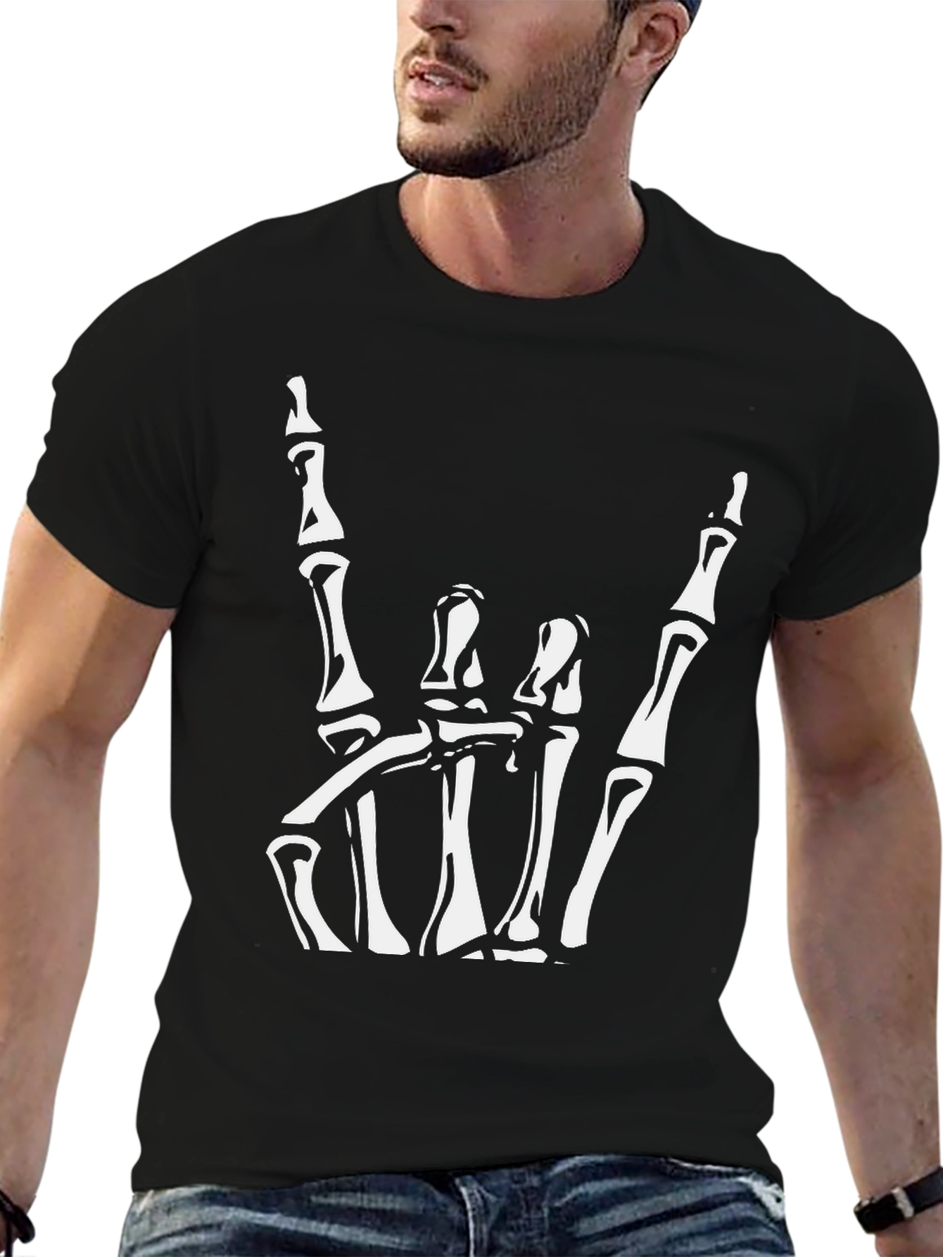 Skeleton Hand Rock On Graphic Tee - Black