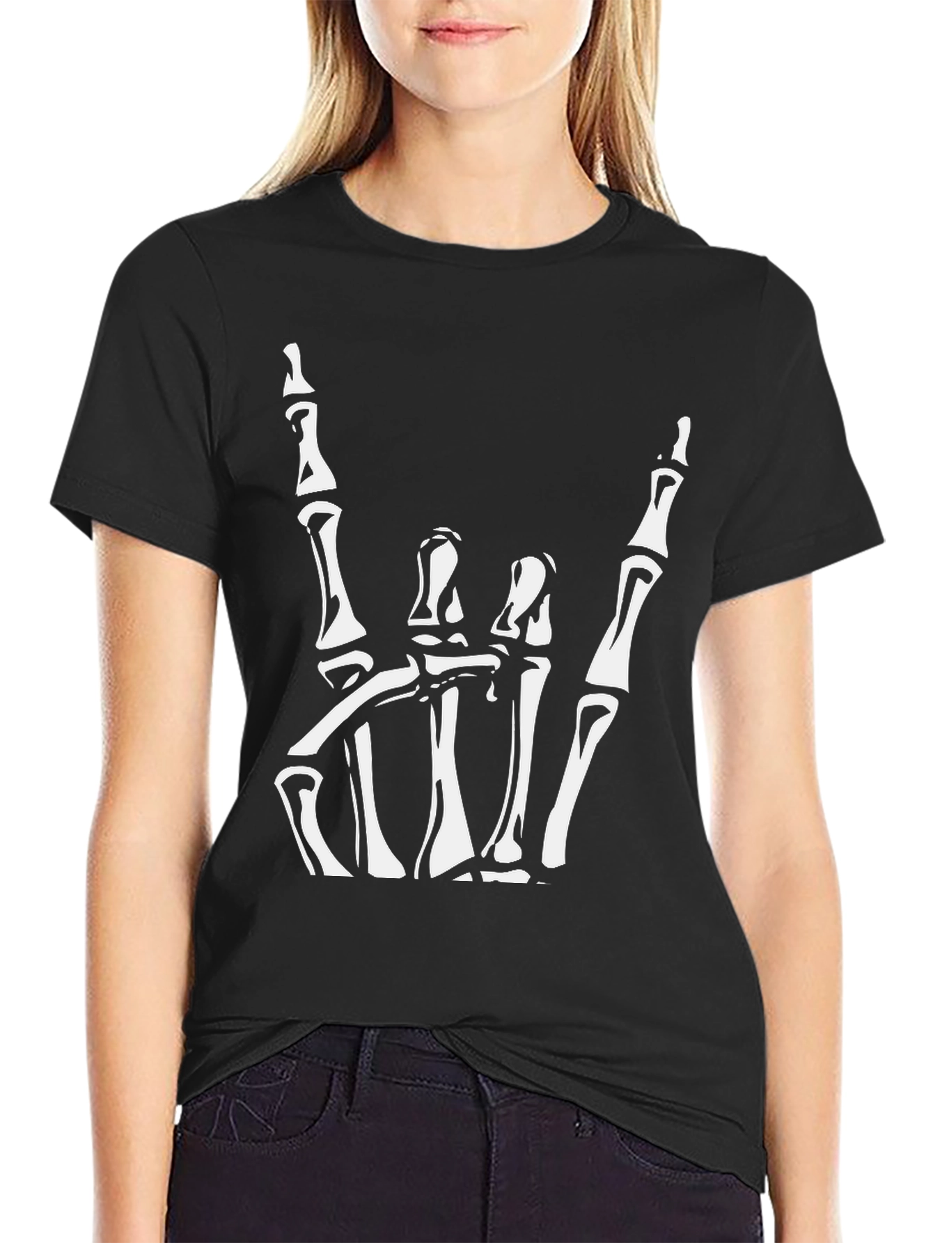 Skeleton Hand Rock On Graphic Tee - Black
