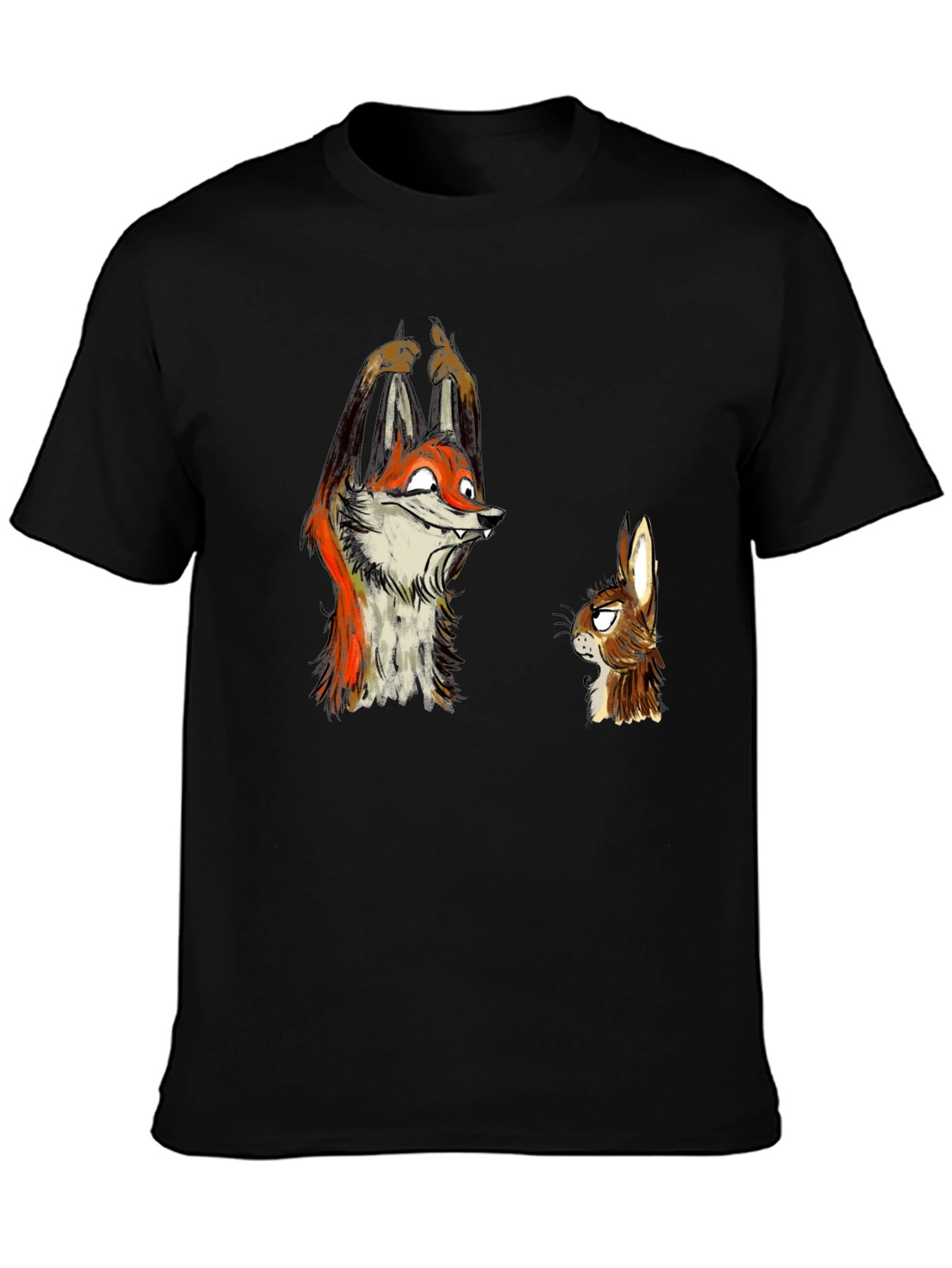 Funny Fox and Rabbit Graphic Tee - Black