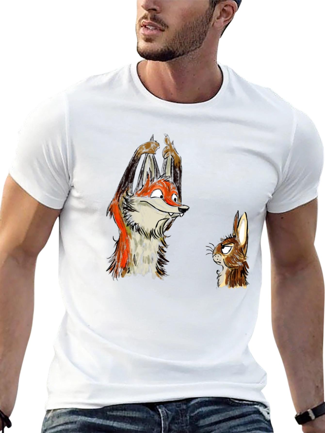 Funny Fox and Rabbit Graphic Tee - Black