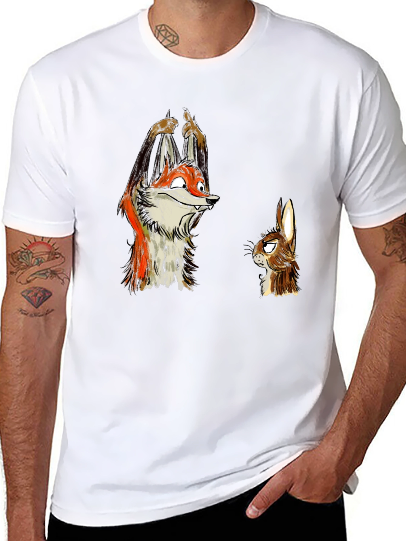 Funny Fox and Rabbit Graphic Tee - Black