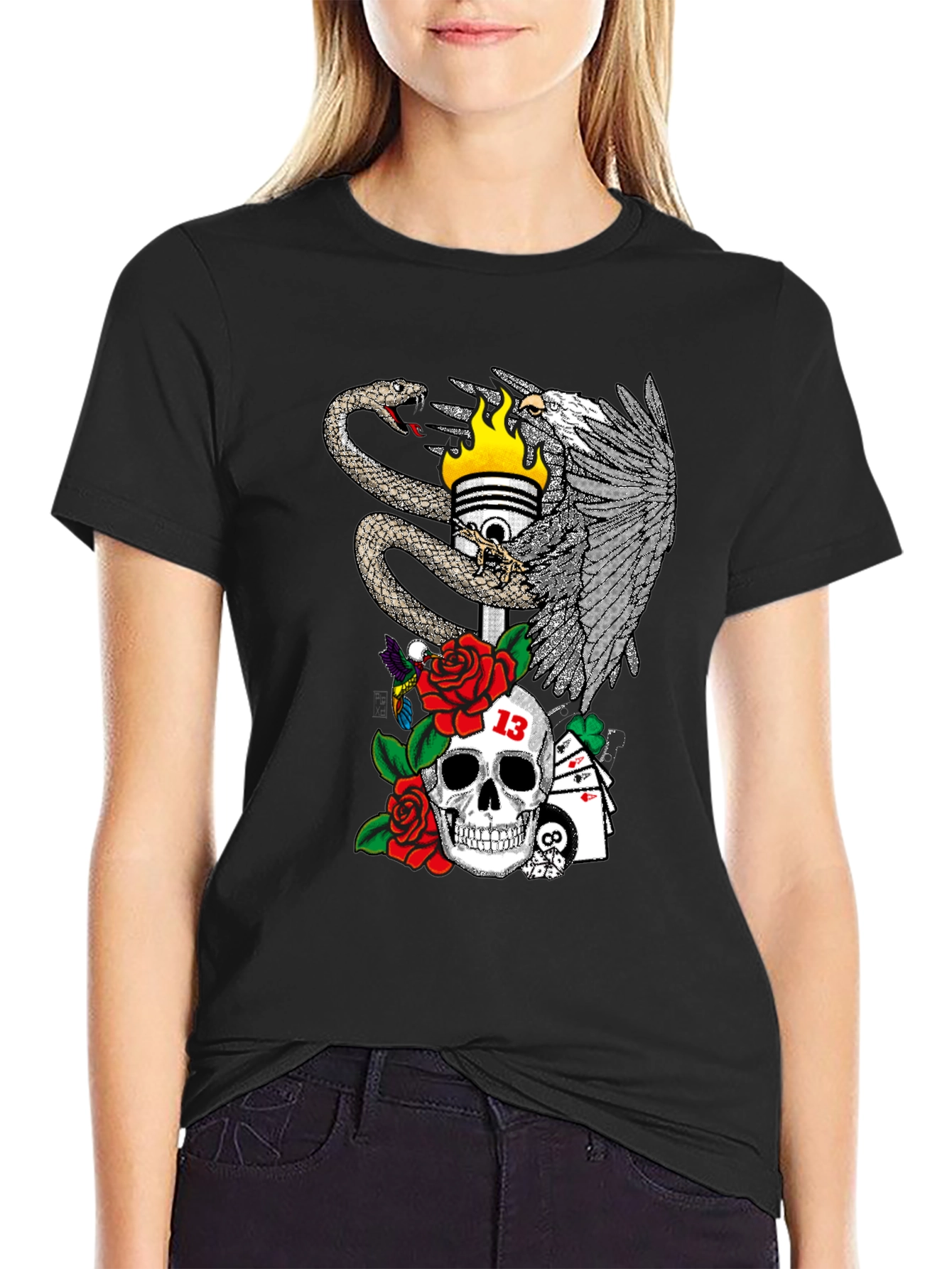 Skull Snake and Eagle Graphic Print T-Shirt