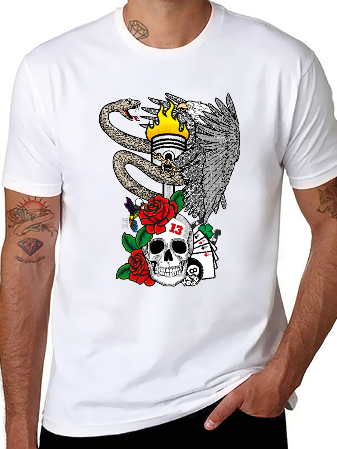 Skull Snake and Eagle Graphic Print T-Shirt