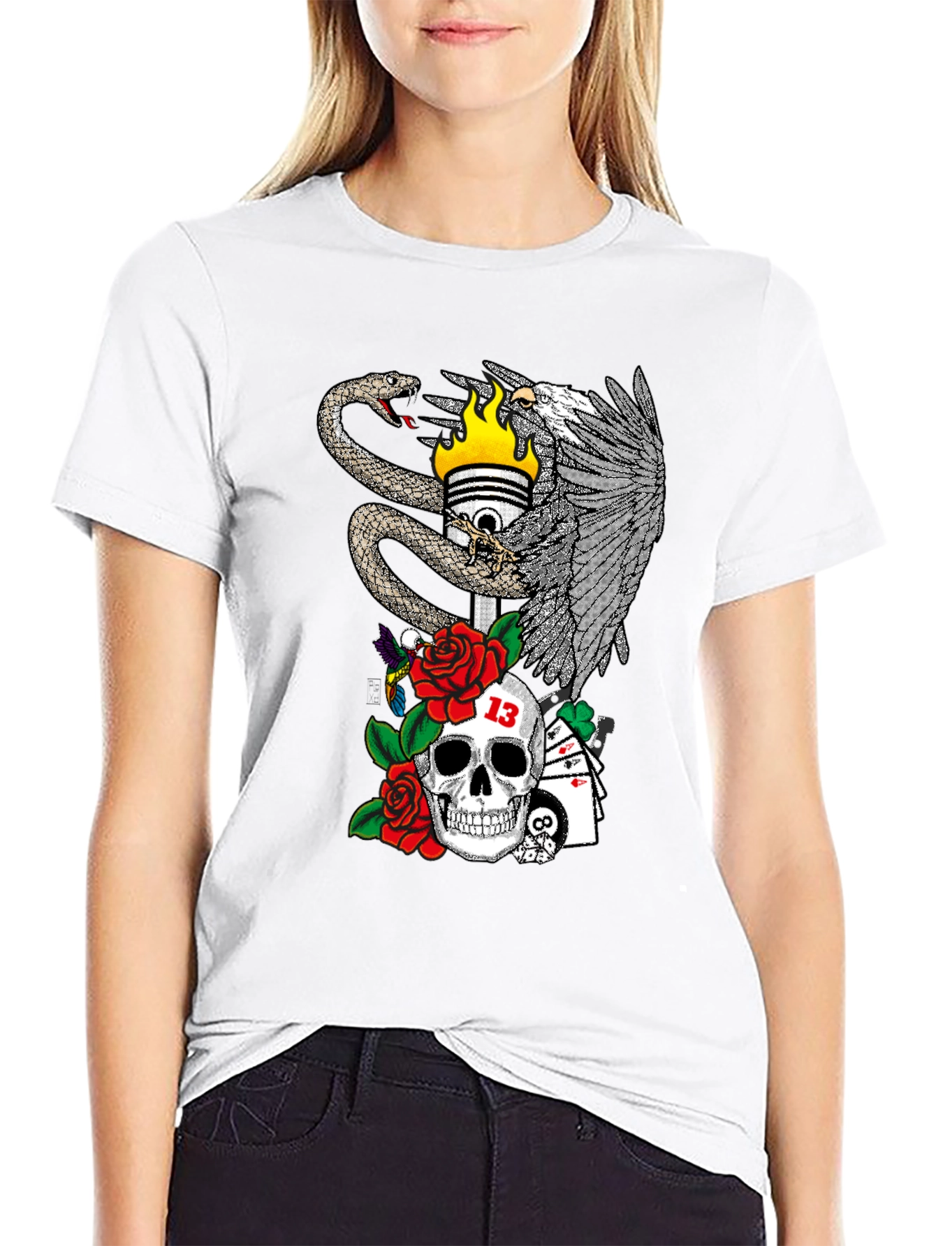 Skull Snake and Eagle Graphic Print T-Shirt