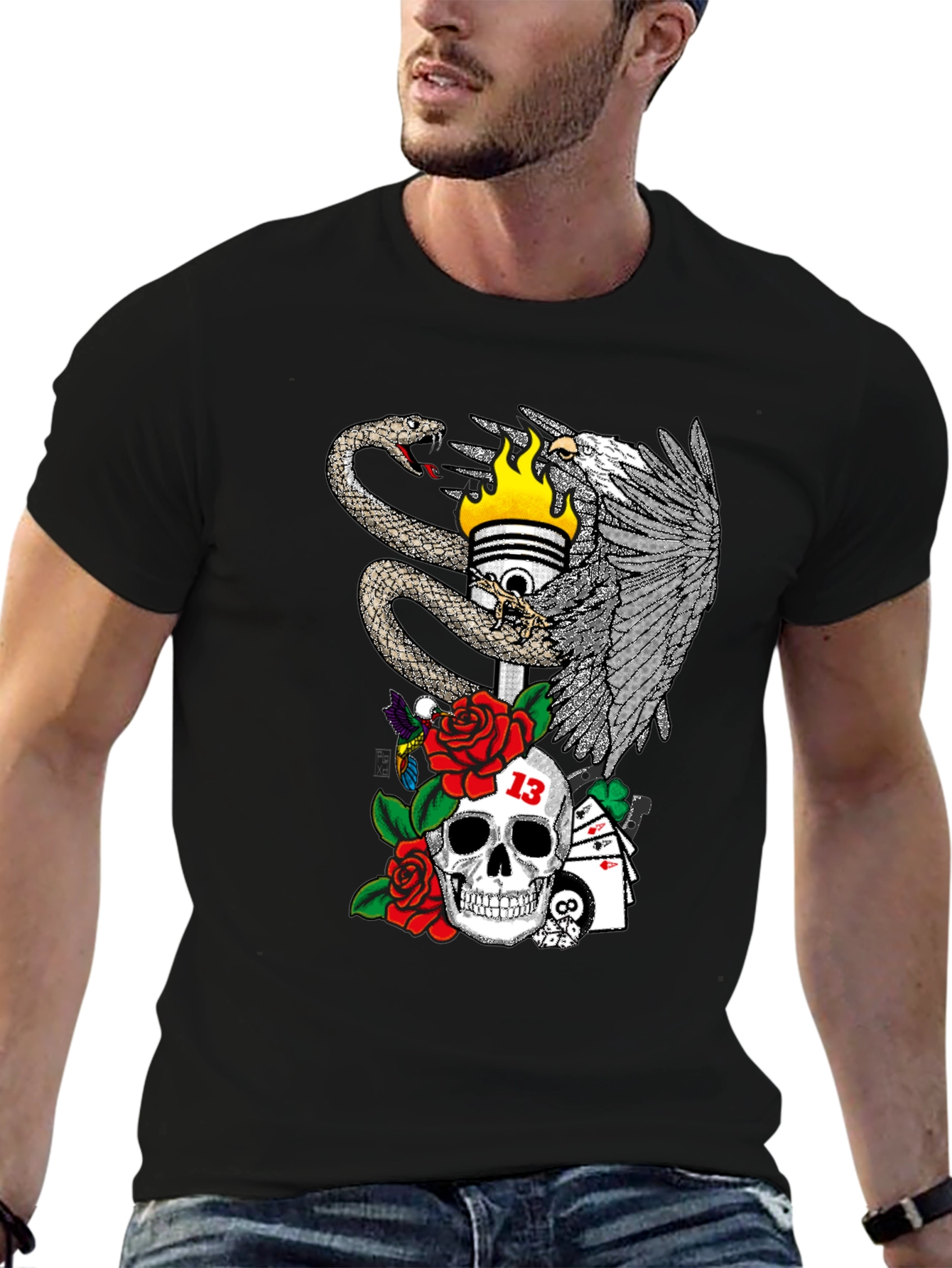 Skull Snake and Eagle Graphic Print T-Shirt