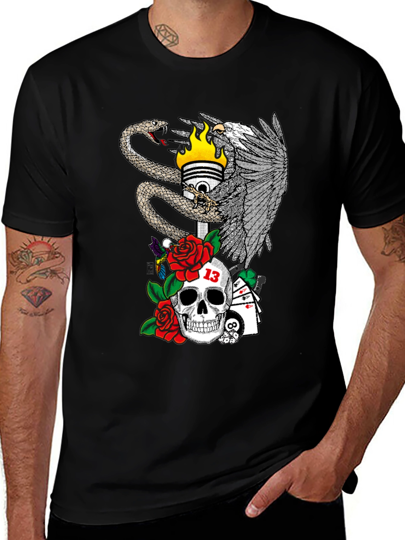 Skull Snake and Eagle Graphic Print T-Shirt