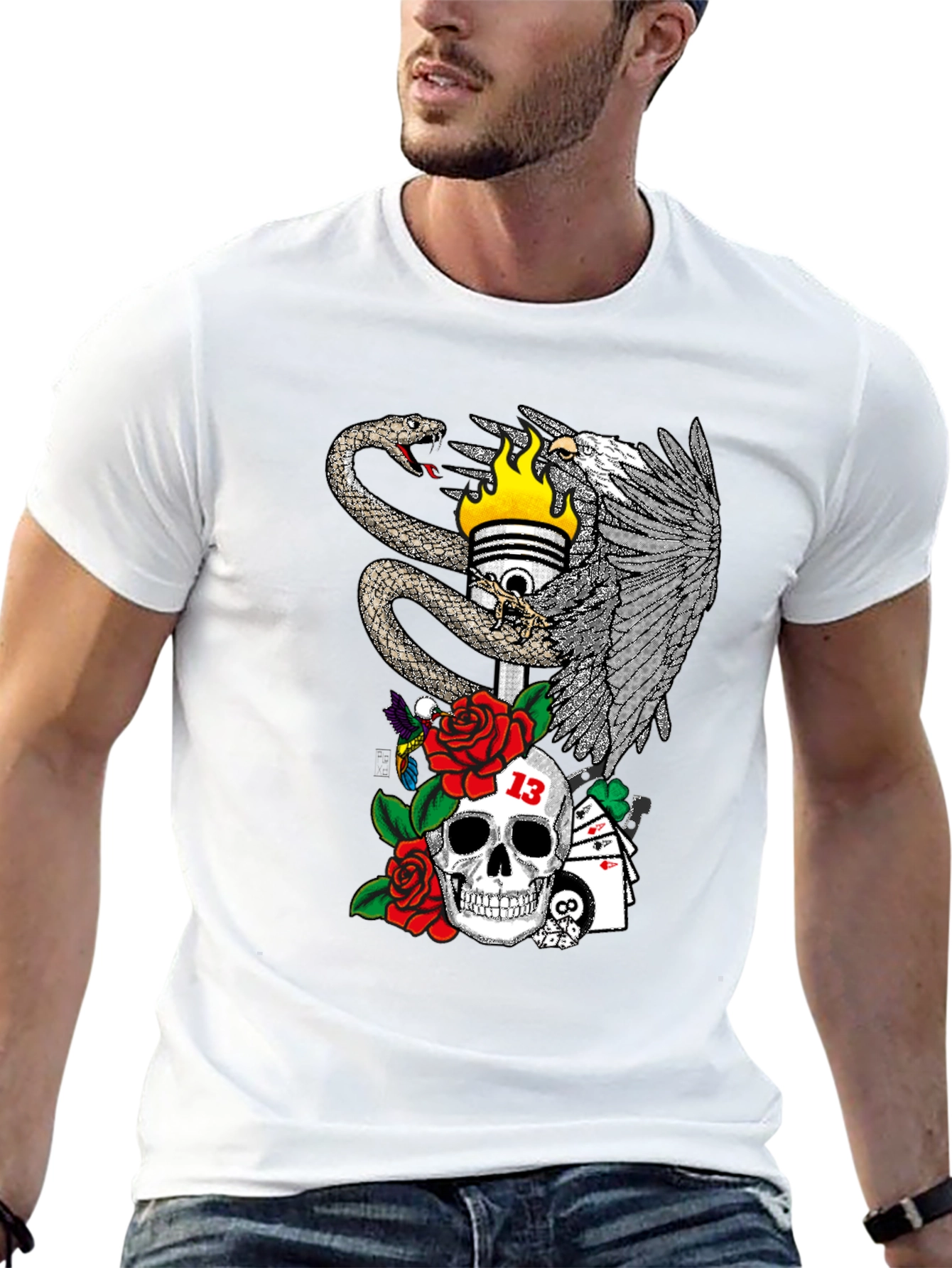Skull Snake and Eagle Graphic Print T-Shirt
